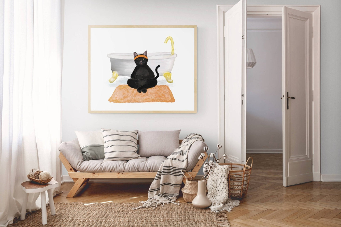 Meditating Black Cat Print, Black Cat Doing Yoga in Bathroom Art, Bathroom Cat Painting, Cat Relaxing In Bath Print, Cat Lover Gift - MerikaArt