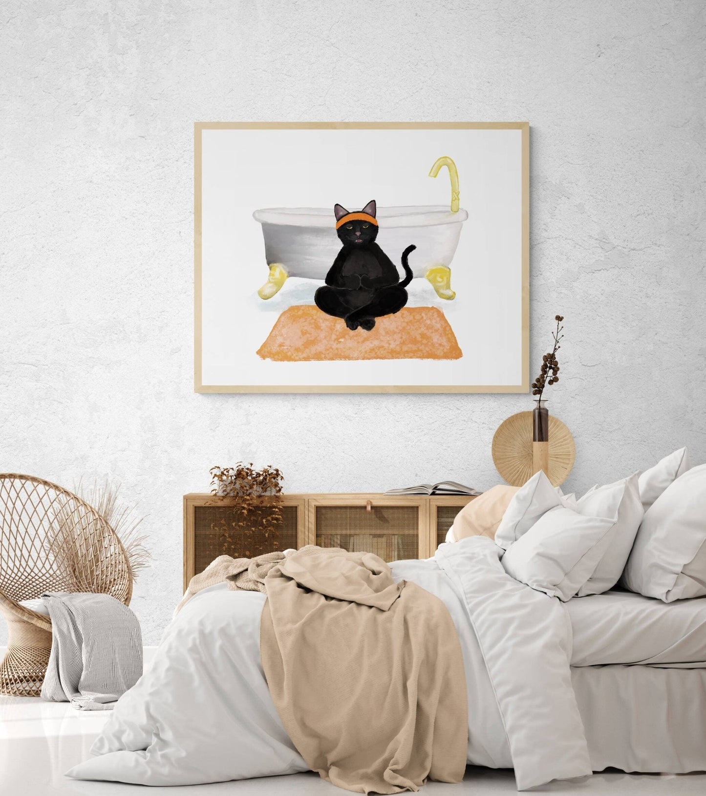 Meditating Black Cat Print, Black Cat Doing Yoga in Bathroom Art, Bathroom Cat Painting, Cat Relaxing In Bath Print, Cat Lover Gift - MerikaArt