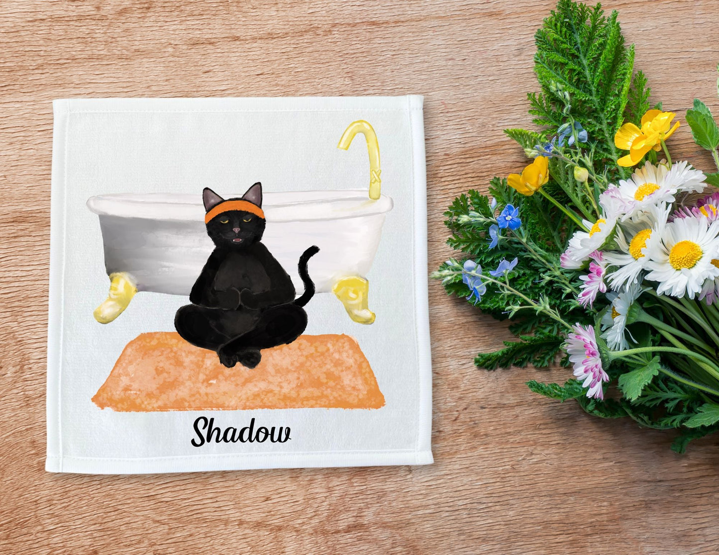 Meditative Black Cat with Bathtub Washcloth - MerikaArt