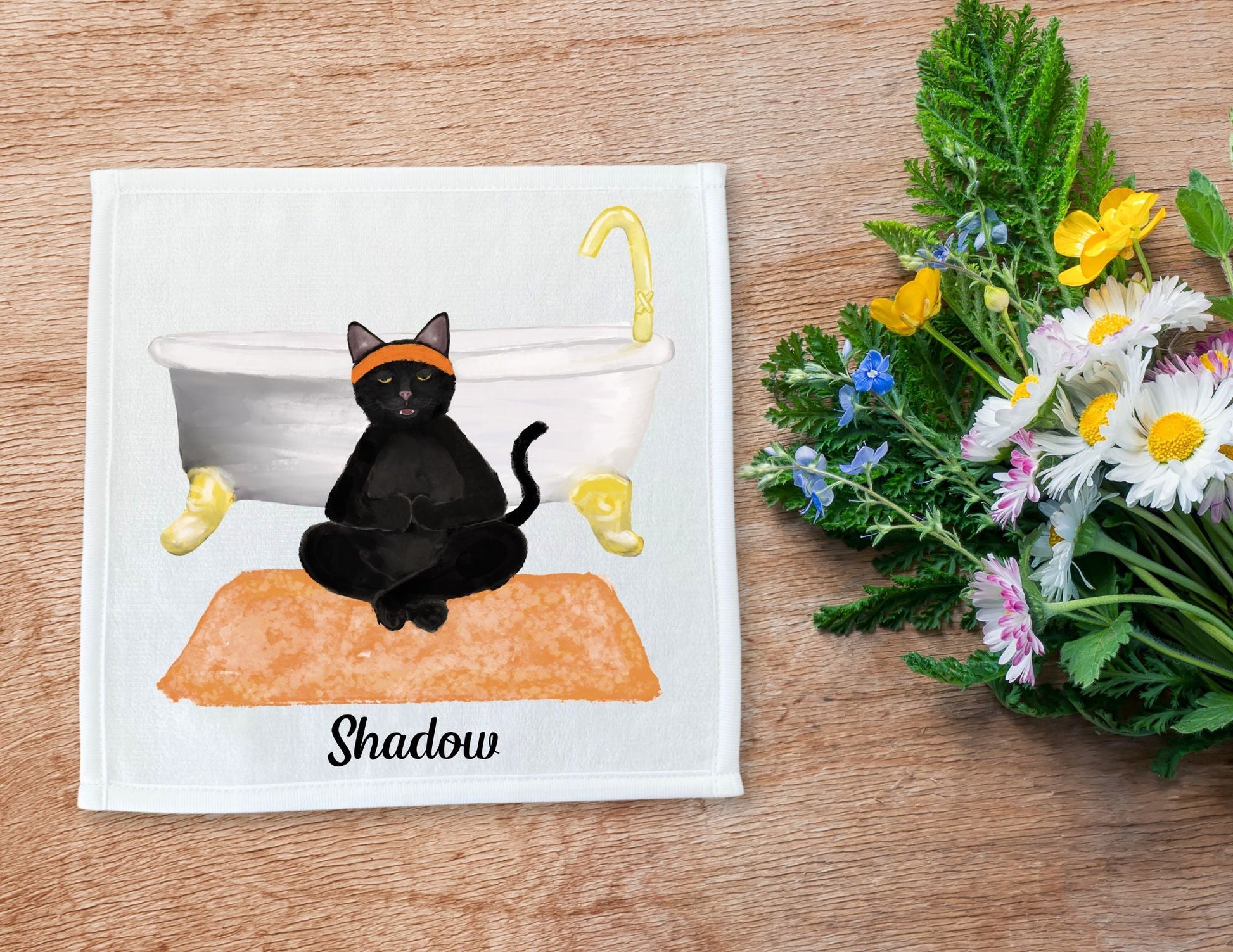 Meditative Black Cat with Bathtub Washcloth - MerikaArt