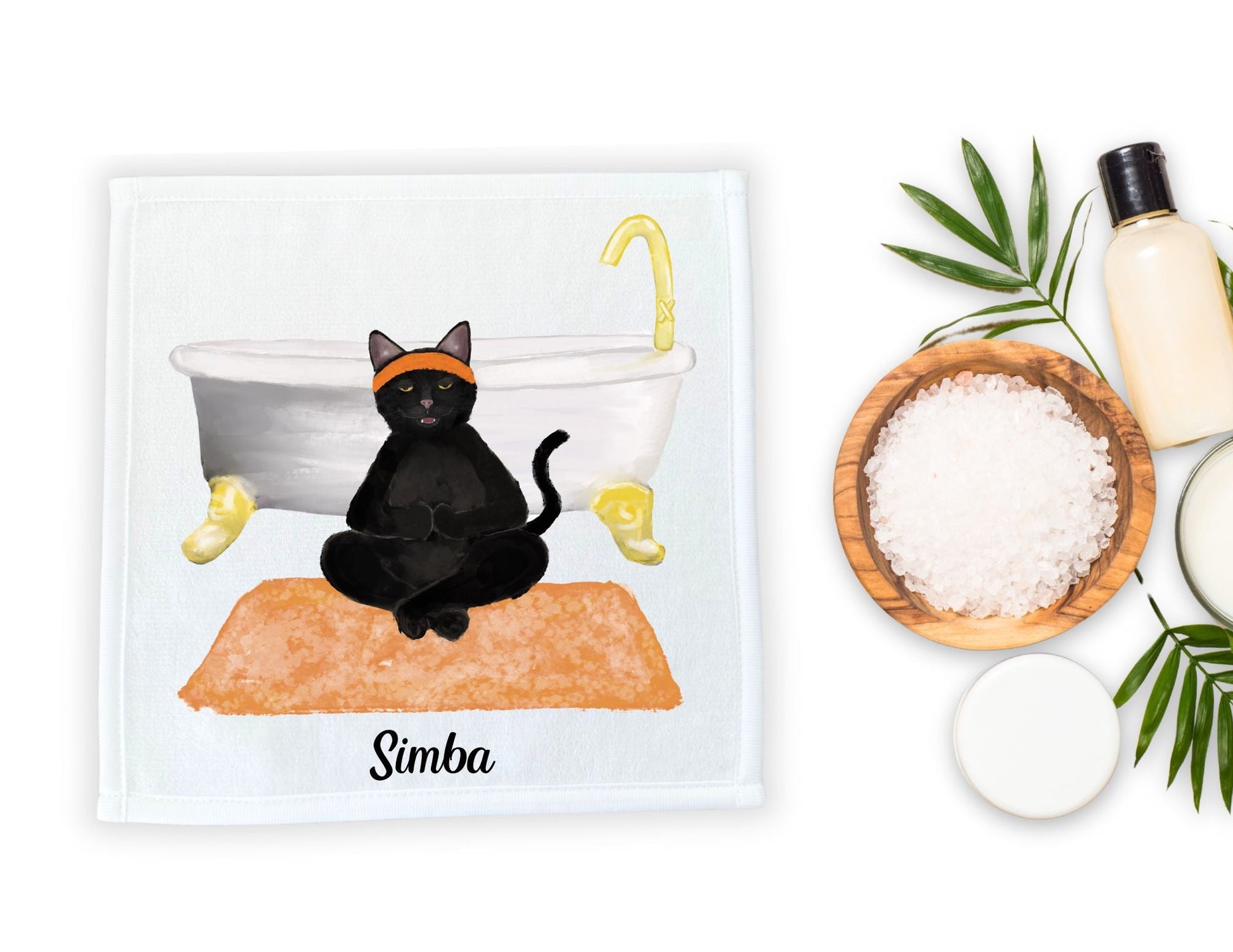 Meditative Black Cat with Bathtub Washcloth - MerikaArt