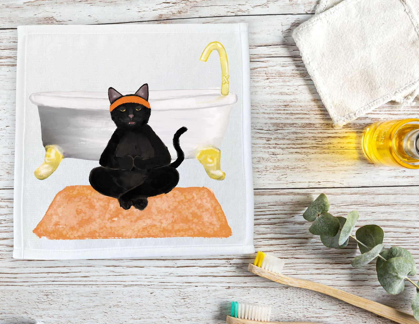 Meditative Black Cat with Bathtub Washcloth - MerikaArt
