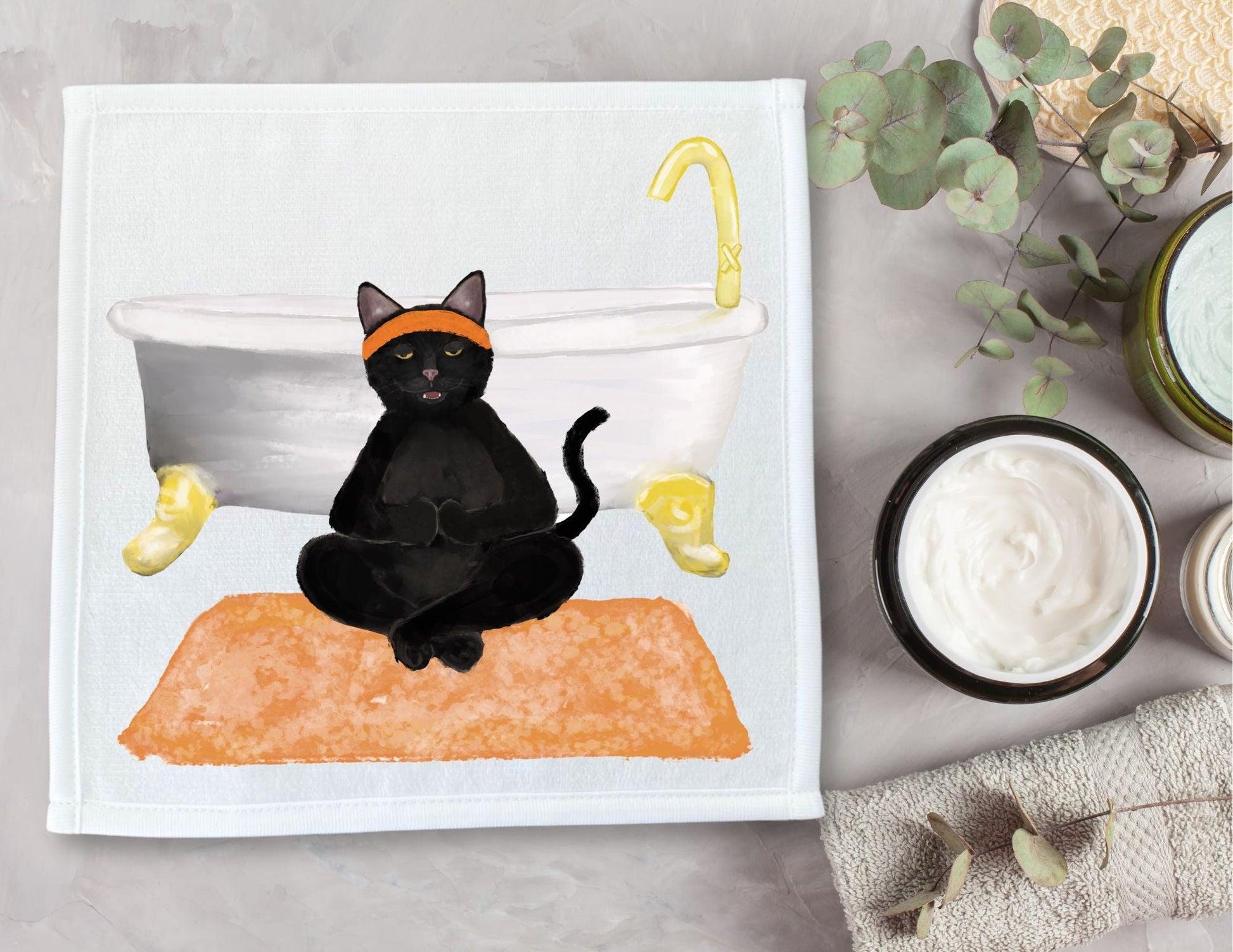Meditative Black Cat with Bathtub Washcloth - MerikaArt