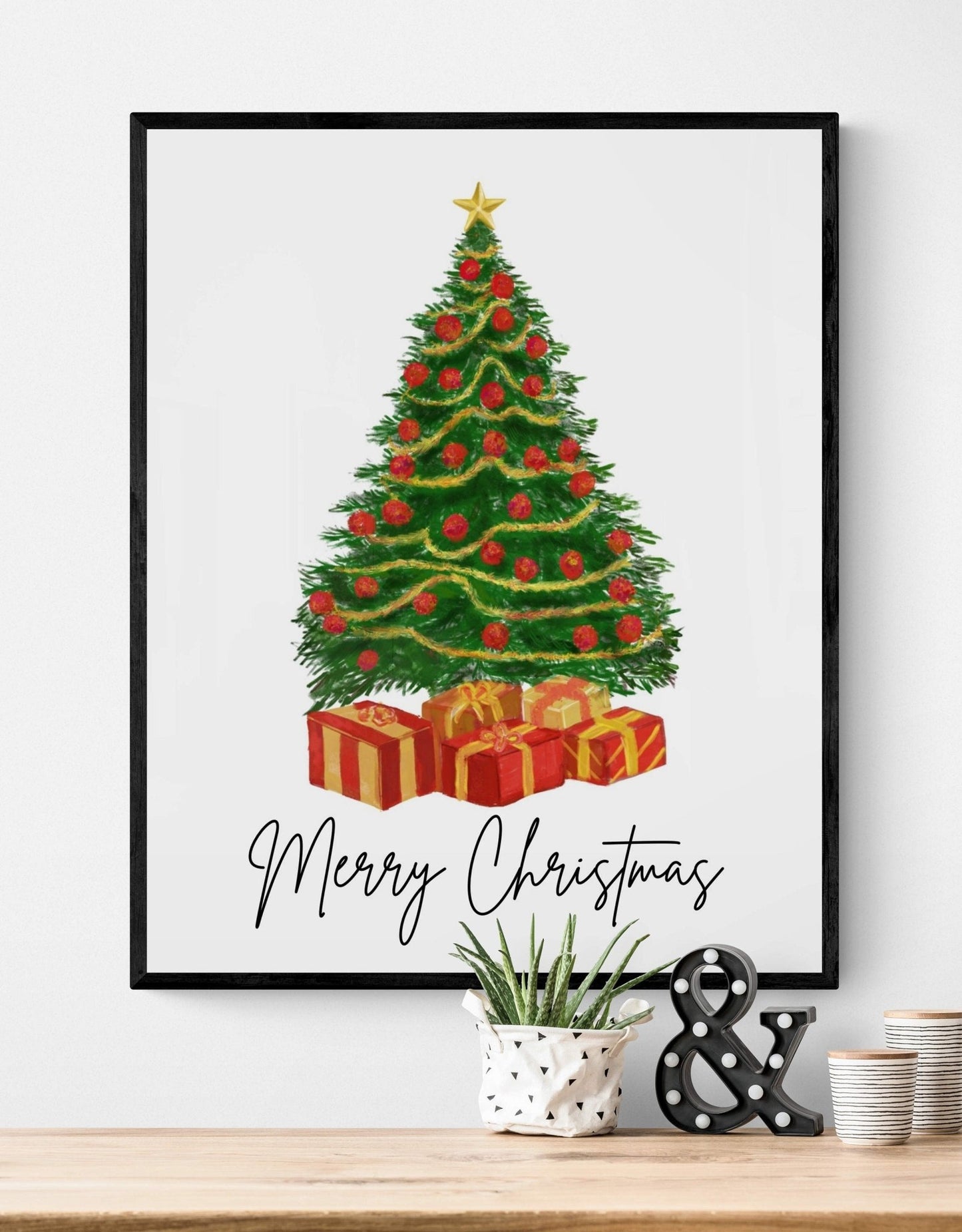 Merry and Red Christmas Tree Art Print, Winter Art, Merry Christmas Sign, New Years Home Decor, Home Wall Decor, Xmas Holiday Decoration - MerikaArt