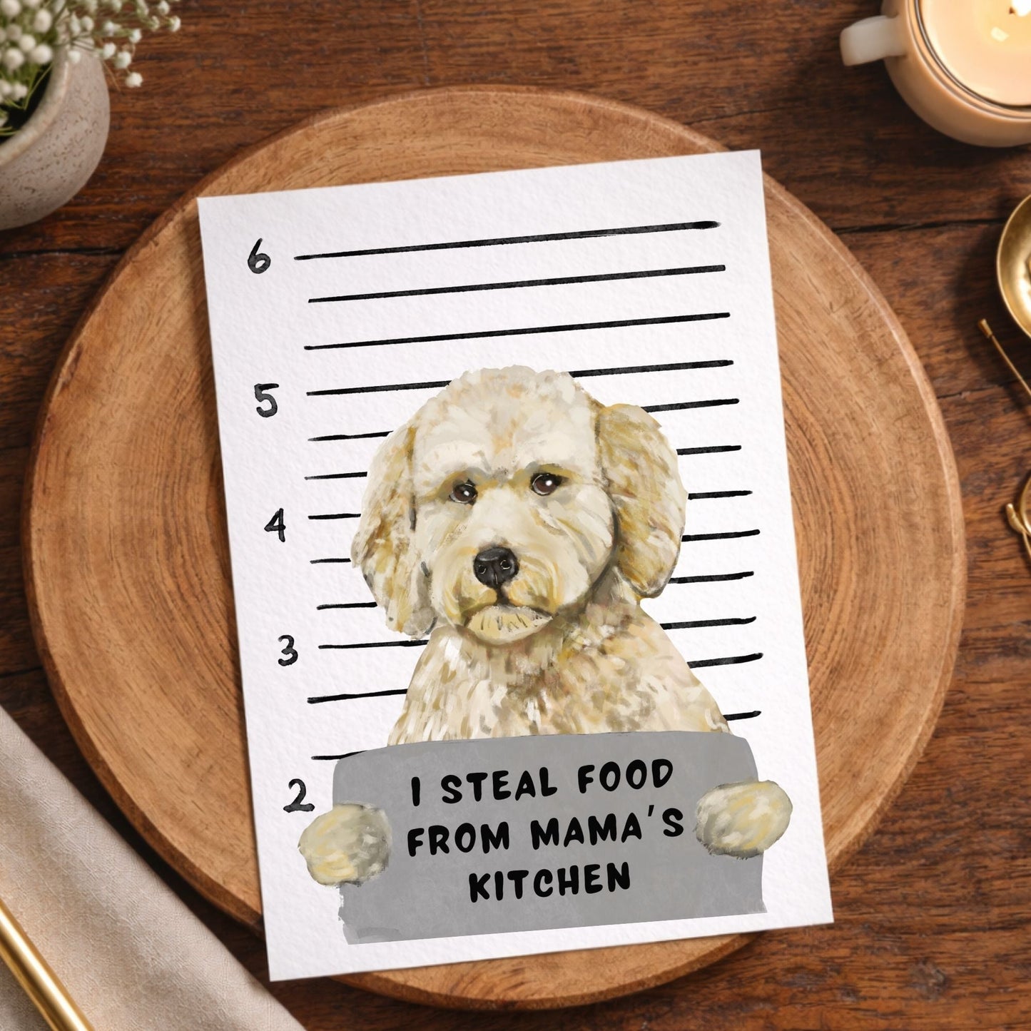 Mugshot Goldendoodle Dog Postcard - MerikaArt