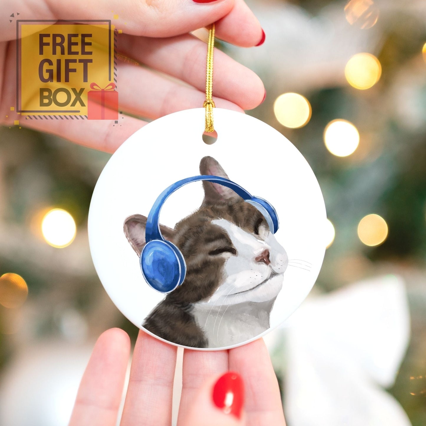 Music Lover Cat Ceramic Ornament - MerikaArt