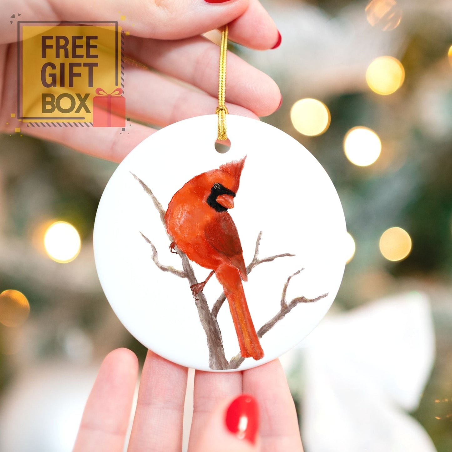 Northern Cardinal Branch Ceramic Ornament - MerikaArt