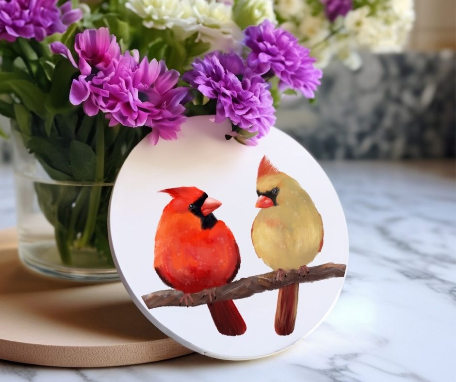 Northern Cardinal Pair Ceramic Coaster - MerikaArt