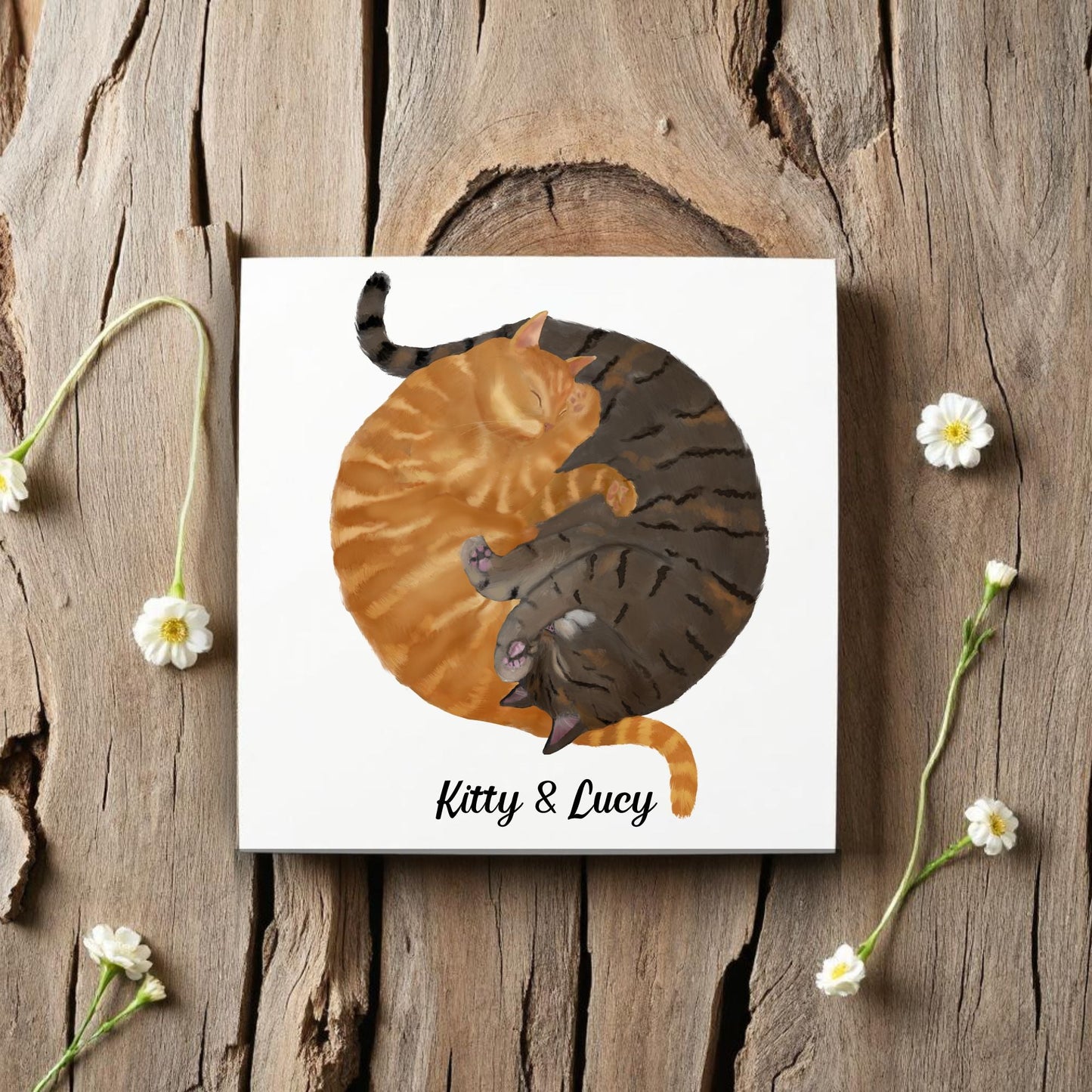 Orange and Tabby Cats Yin and Yang Ceramic Tile - MerikaArt