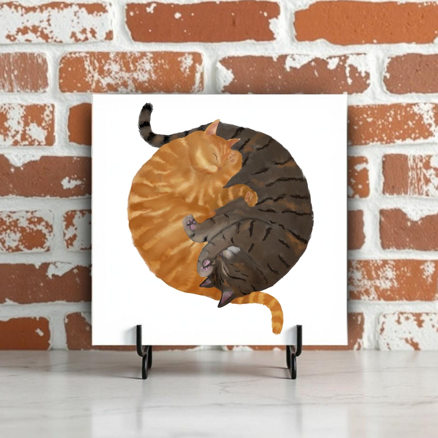 Orange and Tabby Cats Yin and Yang Ceramic Tile - MerikaArt