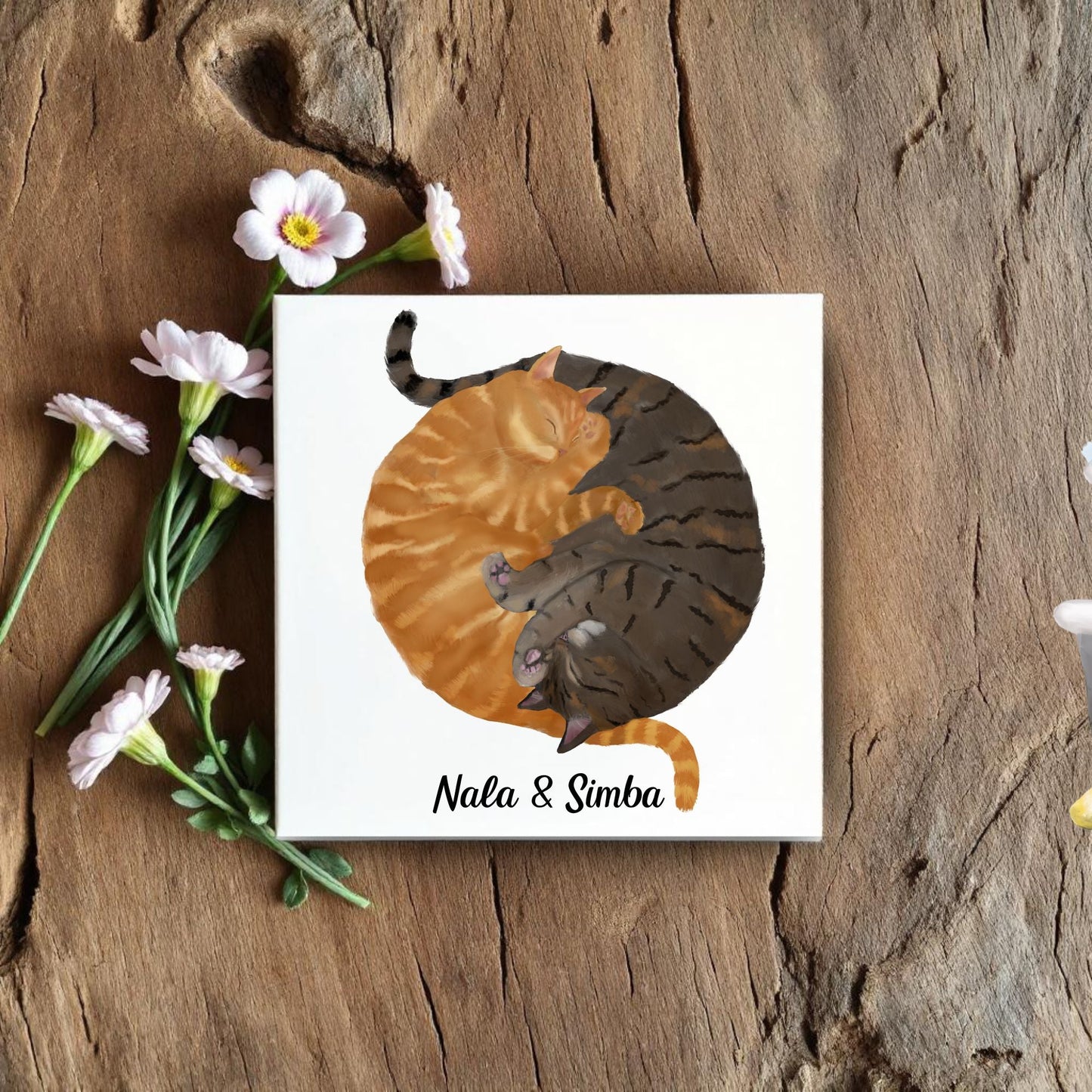 Orange and Tabby Cats Yin and Yang Ceramic Tile - MerikaArt