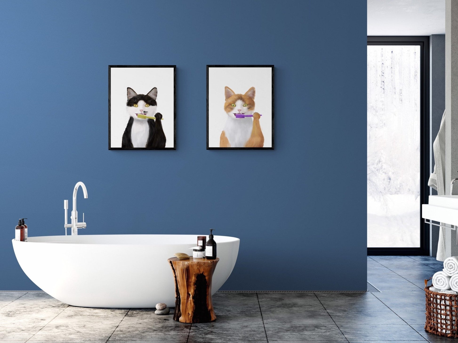 Orange And White Cat Brushing Teeth Print - MerikaArt