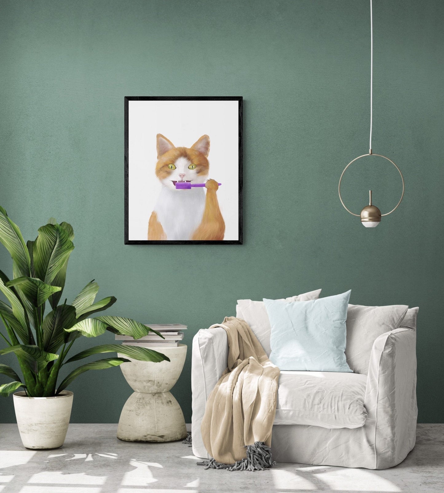 Orange And White Cat Brushing Teeth Print - MerikaArt