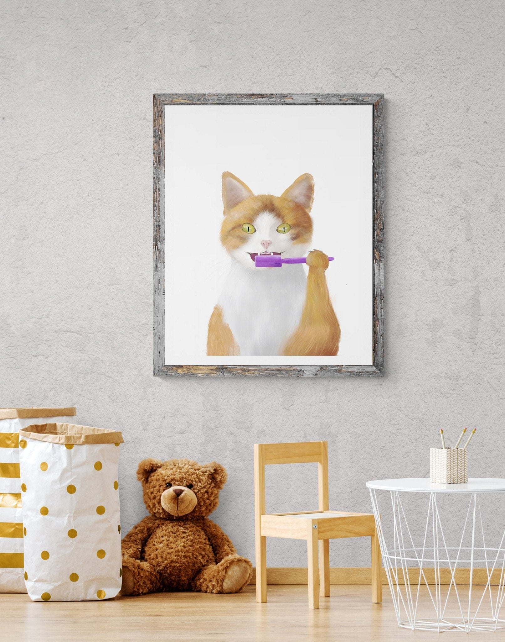 Orange And White Cat Brushing Teeth Print - MerikaArt