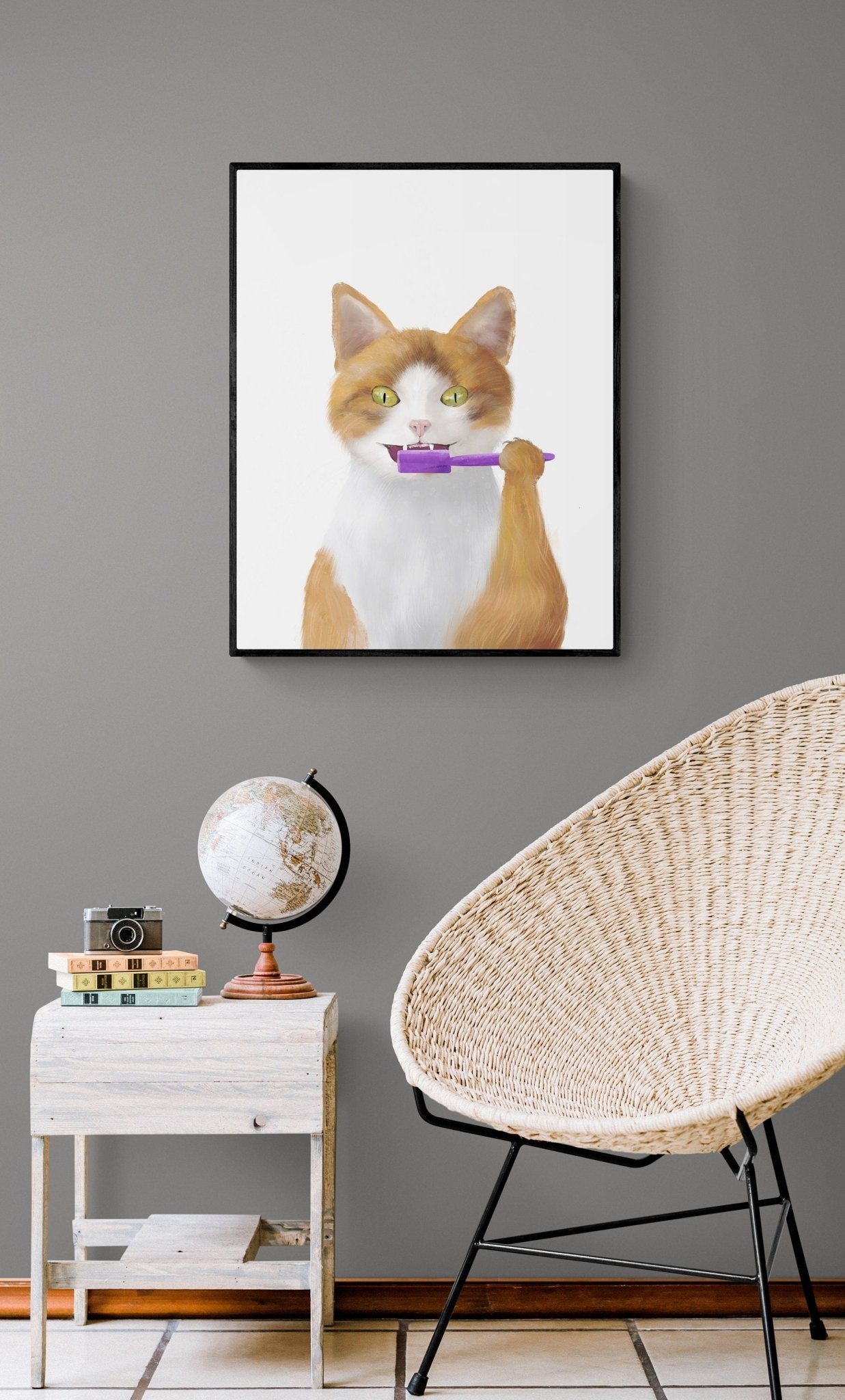 Orange And White Cat Brushing Teeth Print - MerikaArt