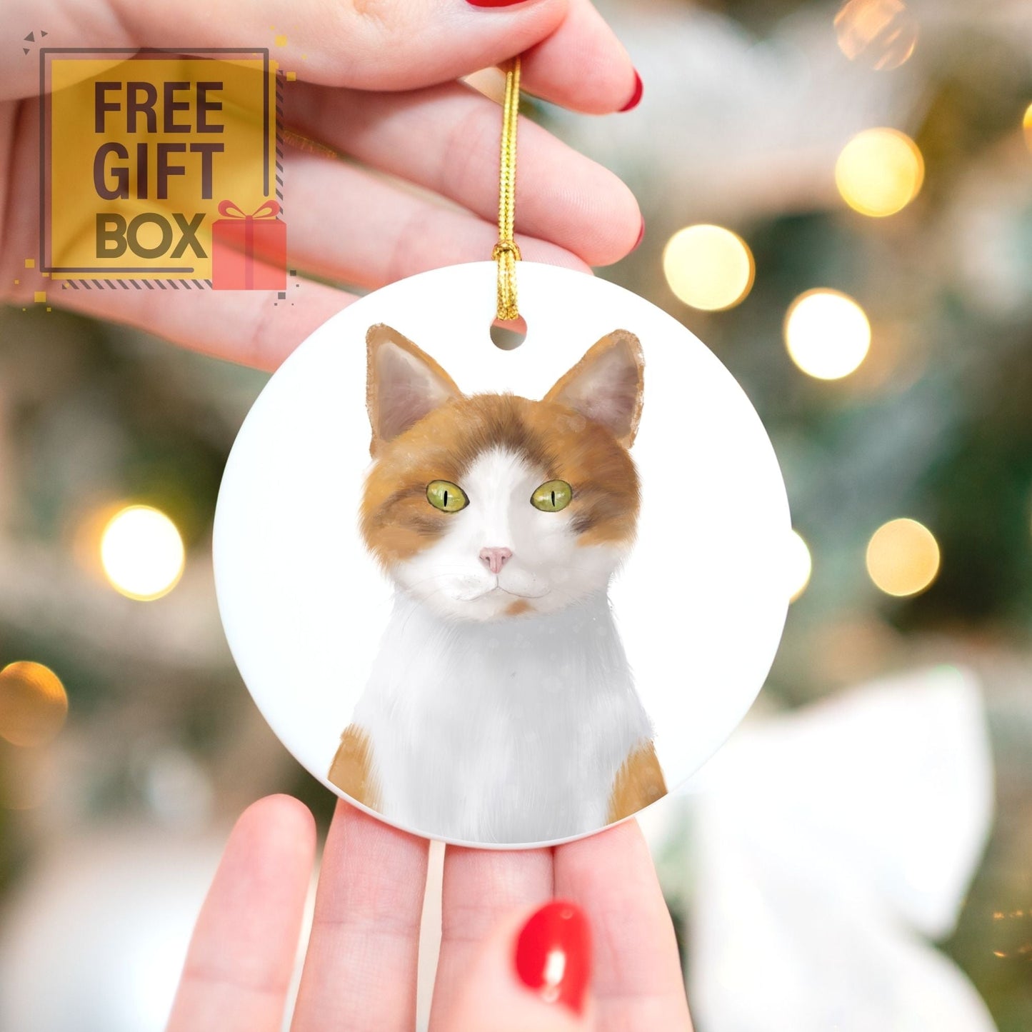 Orange and White Cat Ceramic Ornament - MerikaArt