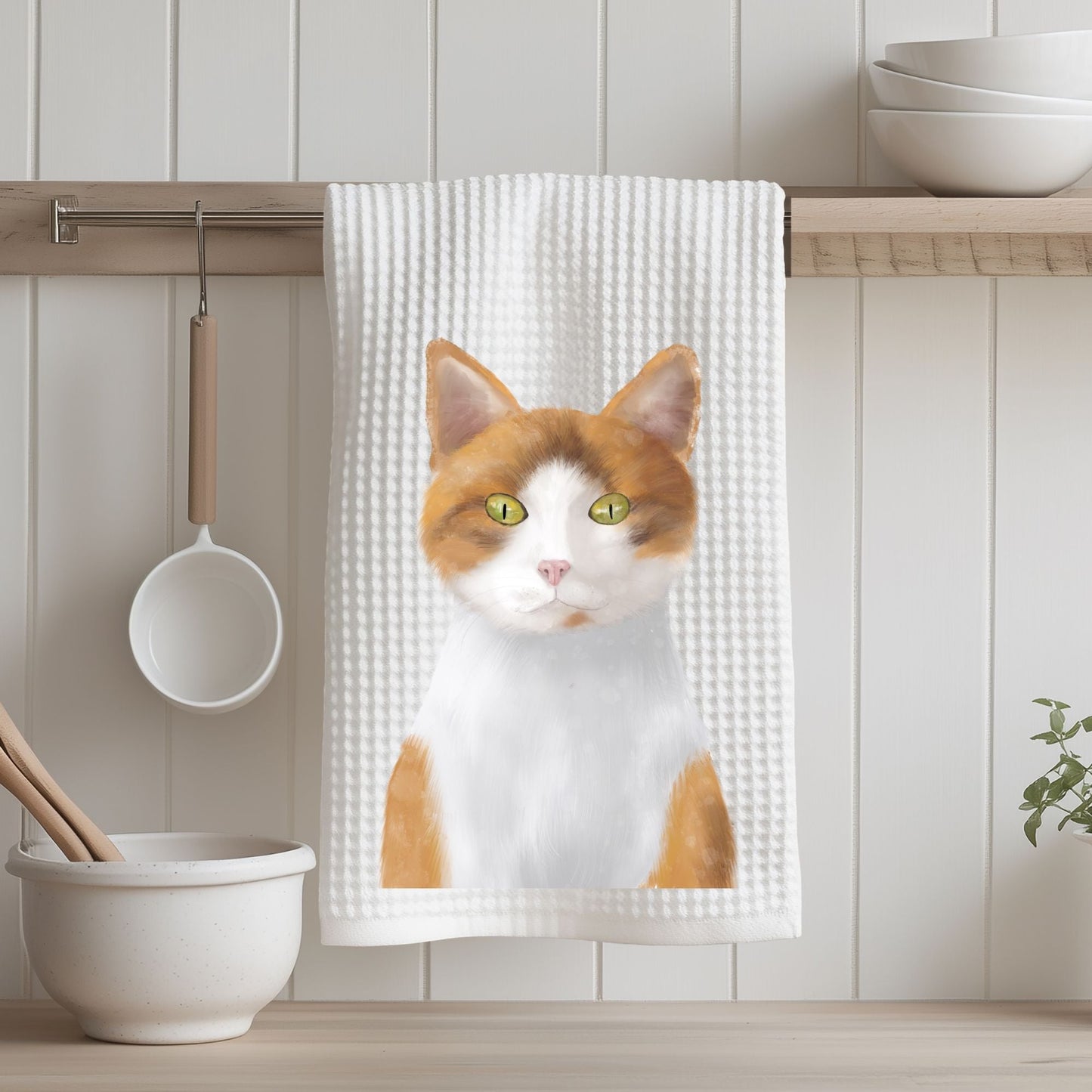 Orange and White Cat Portrait Kitchen Towel - MerikaArt
