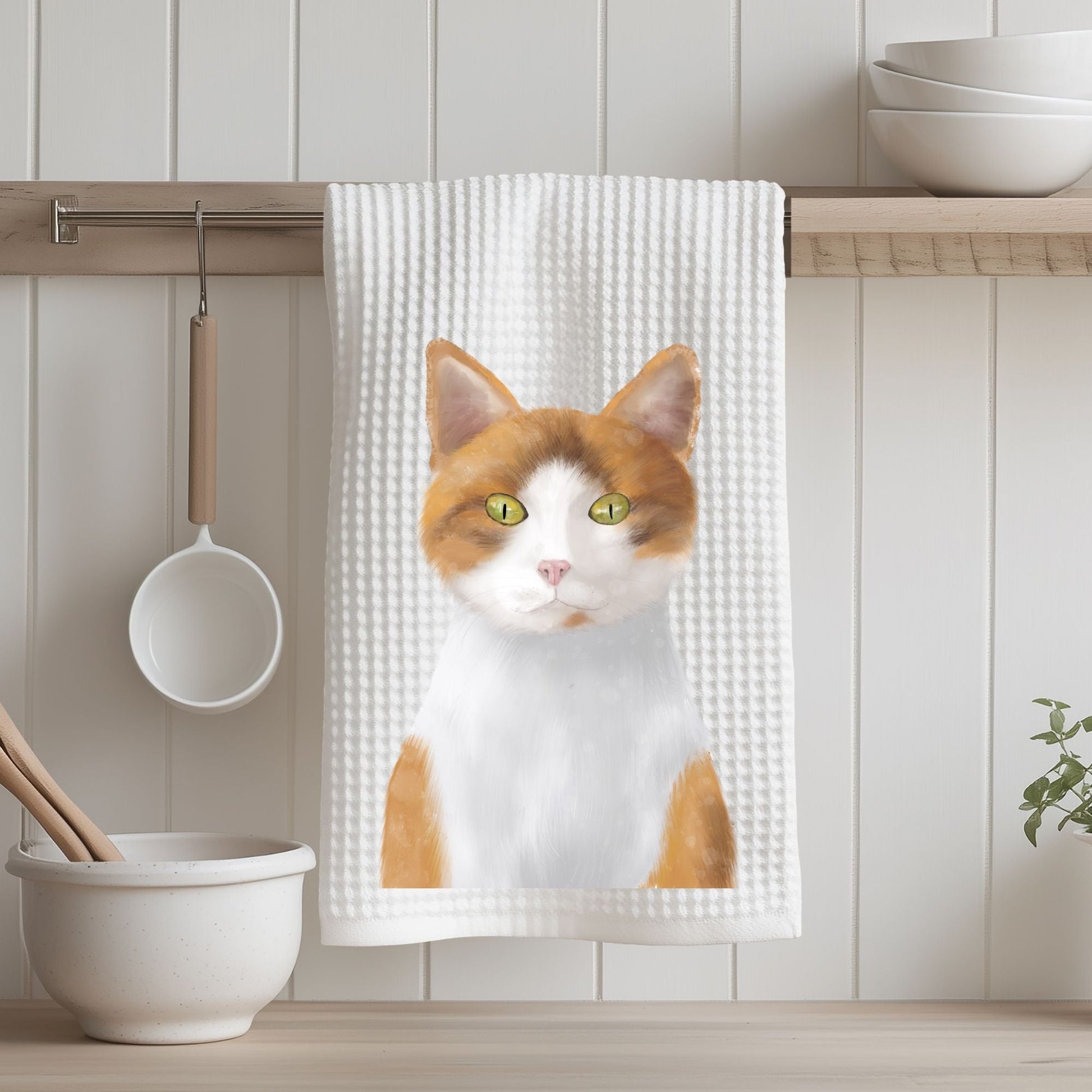 Orange and White Cat Portrait Kitchen Towel - MerikaArt