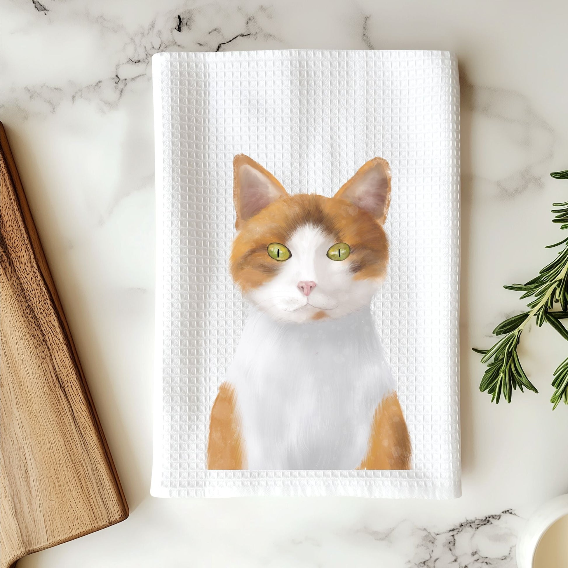 Orange and White Cat Portrait Kitchen Towel - MerikaArt