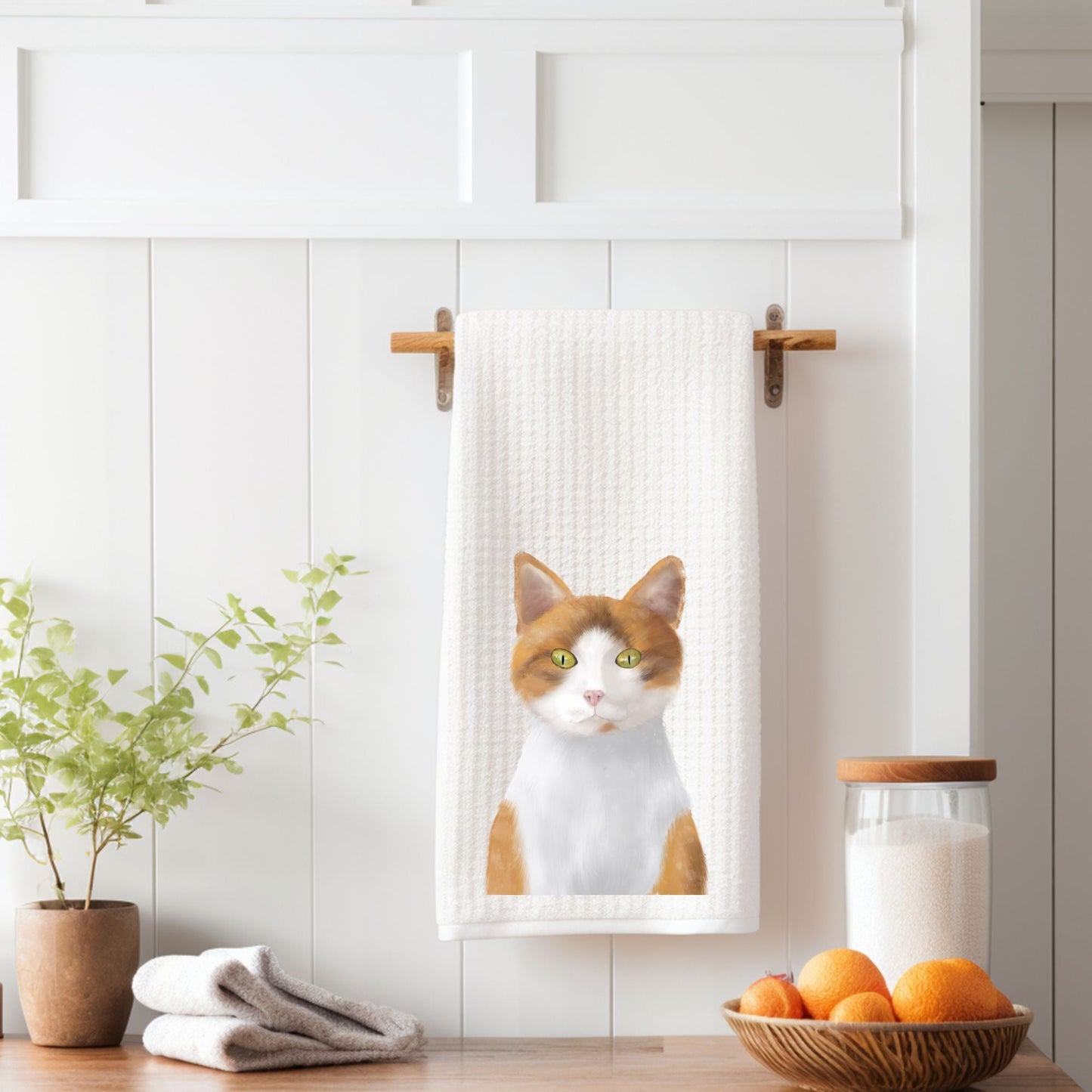 Orange and White Cat Portrait Kitchen Towel - MerikaArt