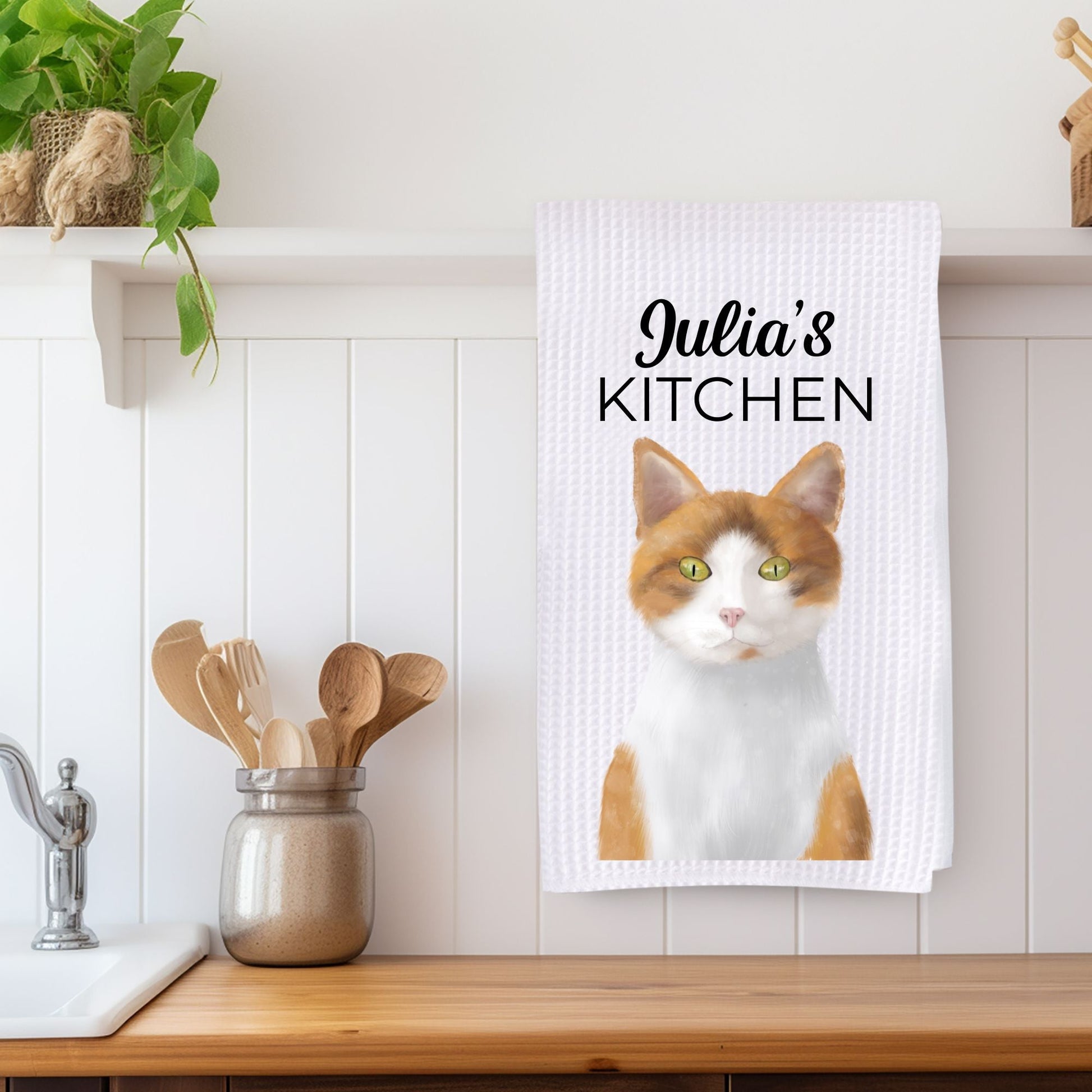 Orange and White Cat Portrait Kitchen Towel - MerikaArt