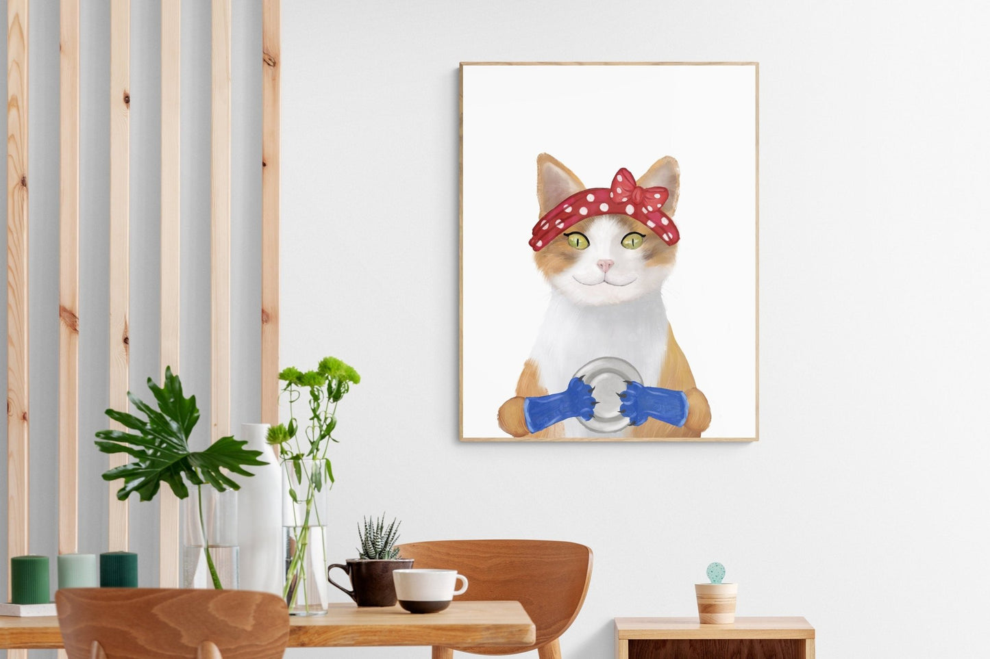 Orange and White Tabby Cat Washing Dishes - MerikaArt