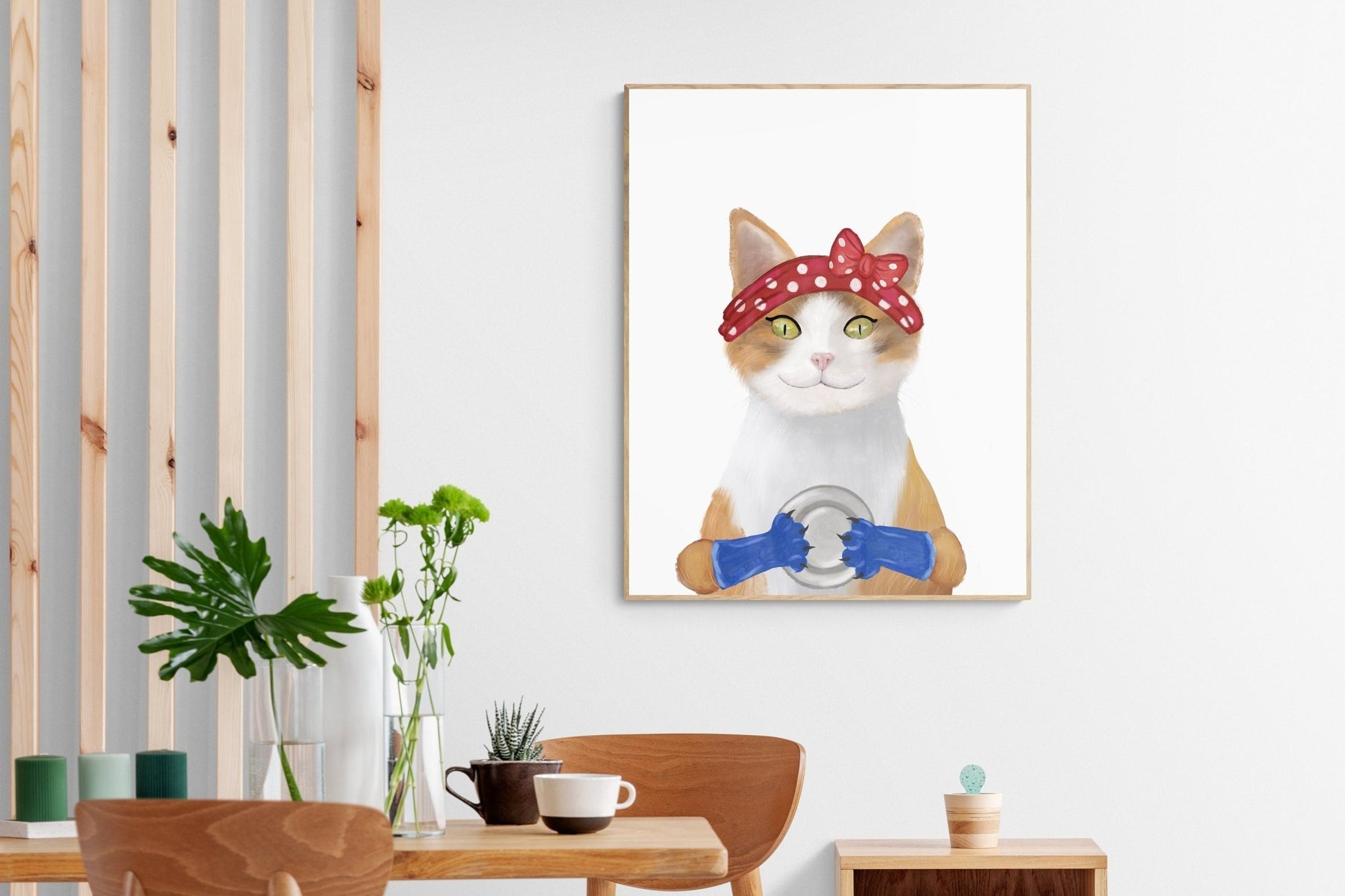 Orange and White Tabby Cat Washing Dishes - MerikaArt