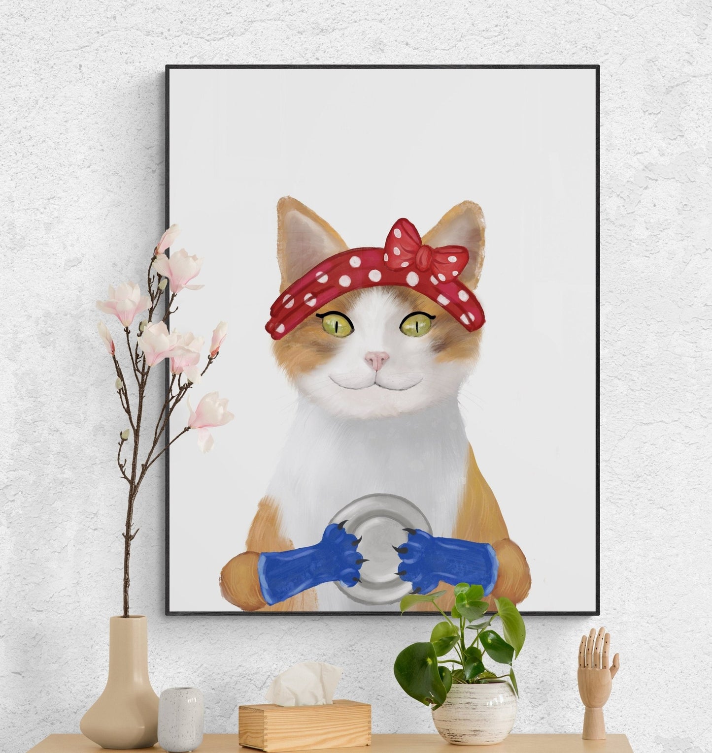 Orange and White Tabby Cat Washing Dishes - MerikaArt