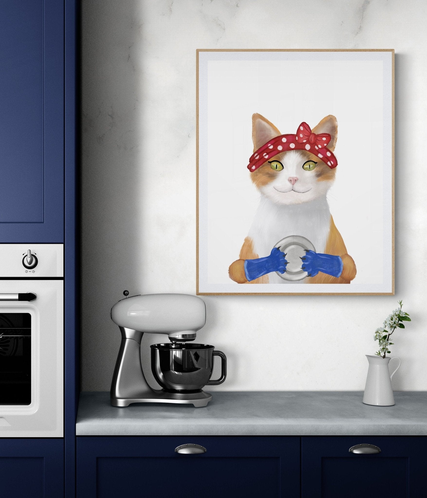 Orange and White Tabby Cat Washing Dishes - MerikaArt