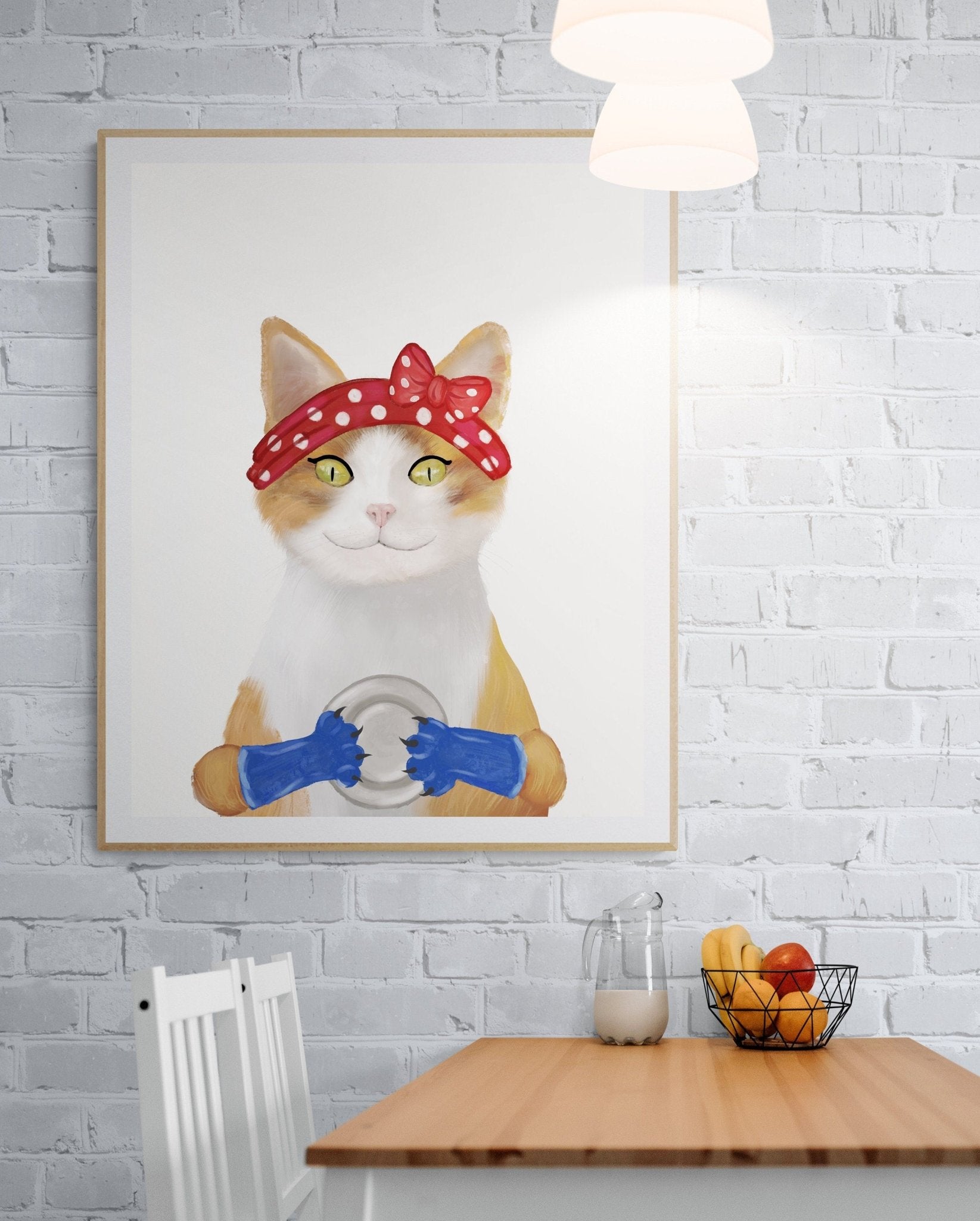 Orange and White Tabby Cat Washing Dishes - MerikaArt