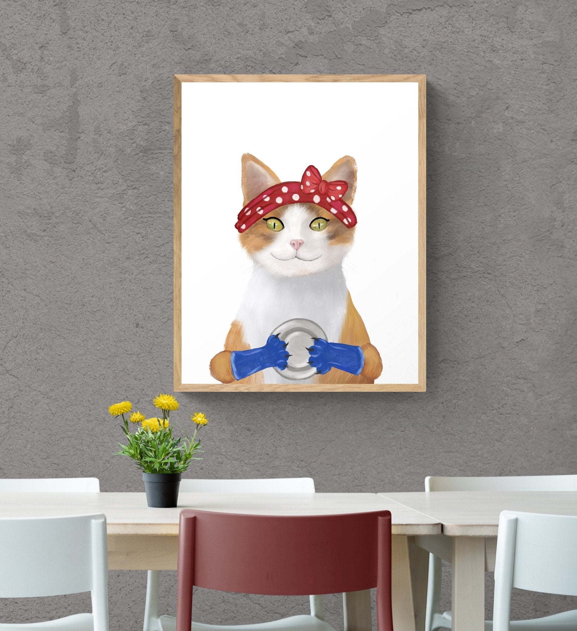 Orange and White Tabby Cat Washing Dishes - MerikaArt