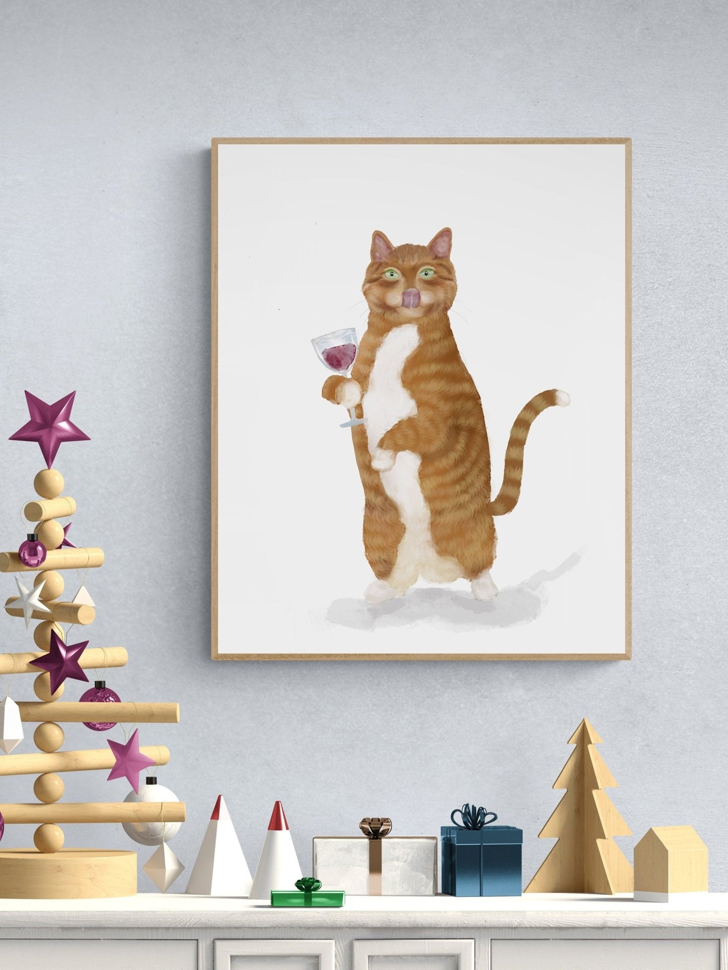 Orange and White Tabby Cat With Wine Art Print - MerikaArt