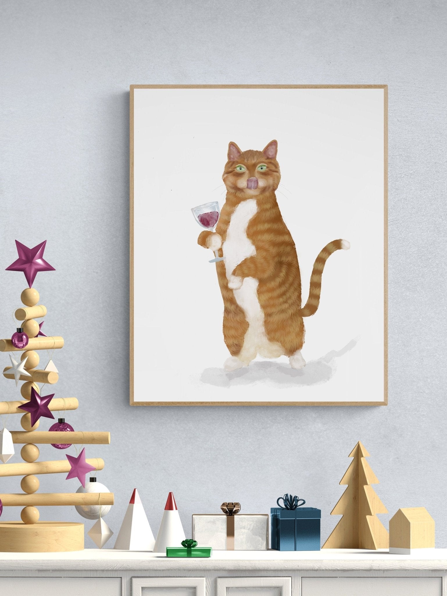 Orange and White Tabby Cat With Wine Art Print - MerikaArt