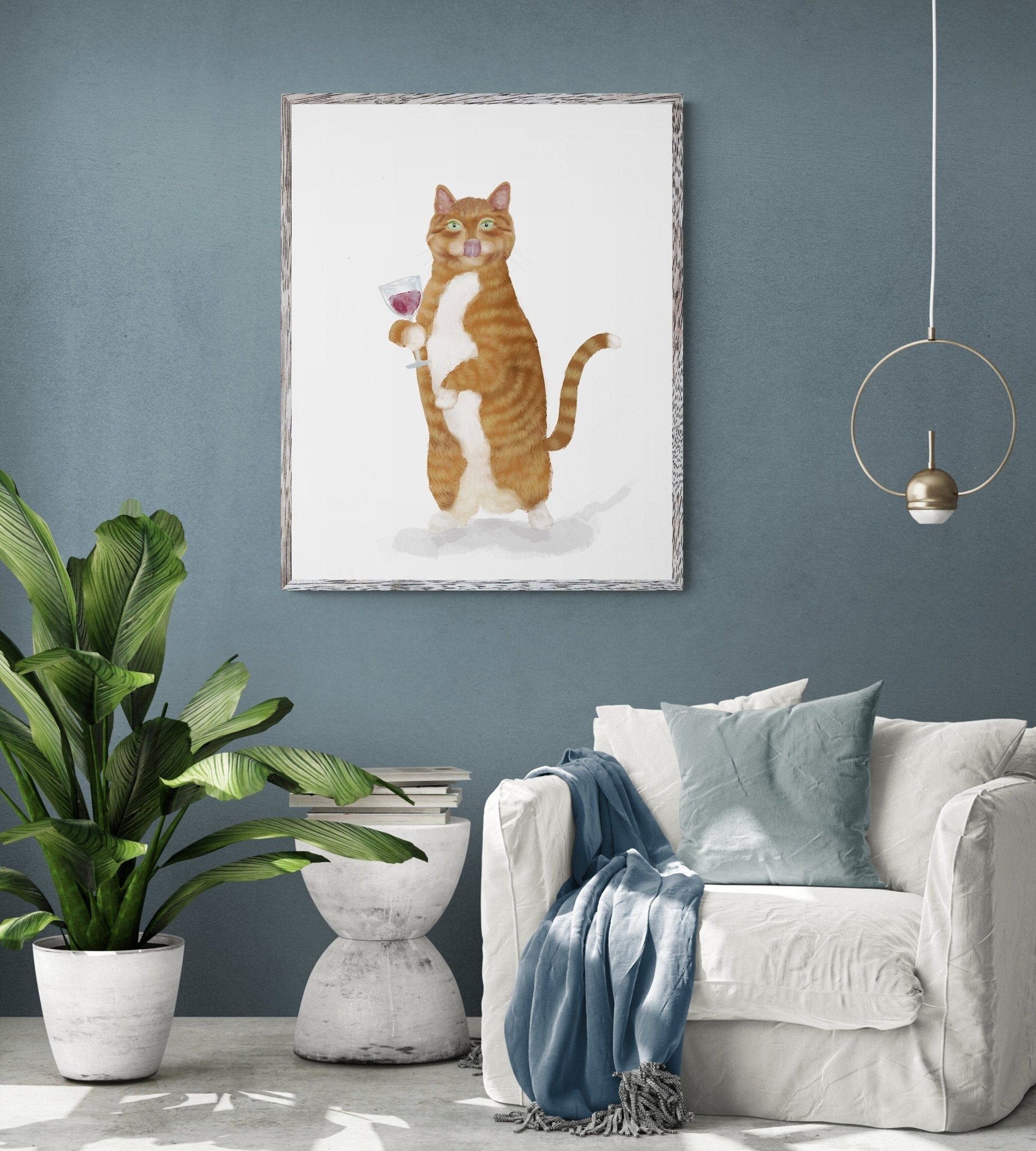 Orange and White Tabby Cat With Wine Art Print - MerikaArt