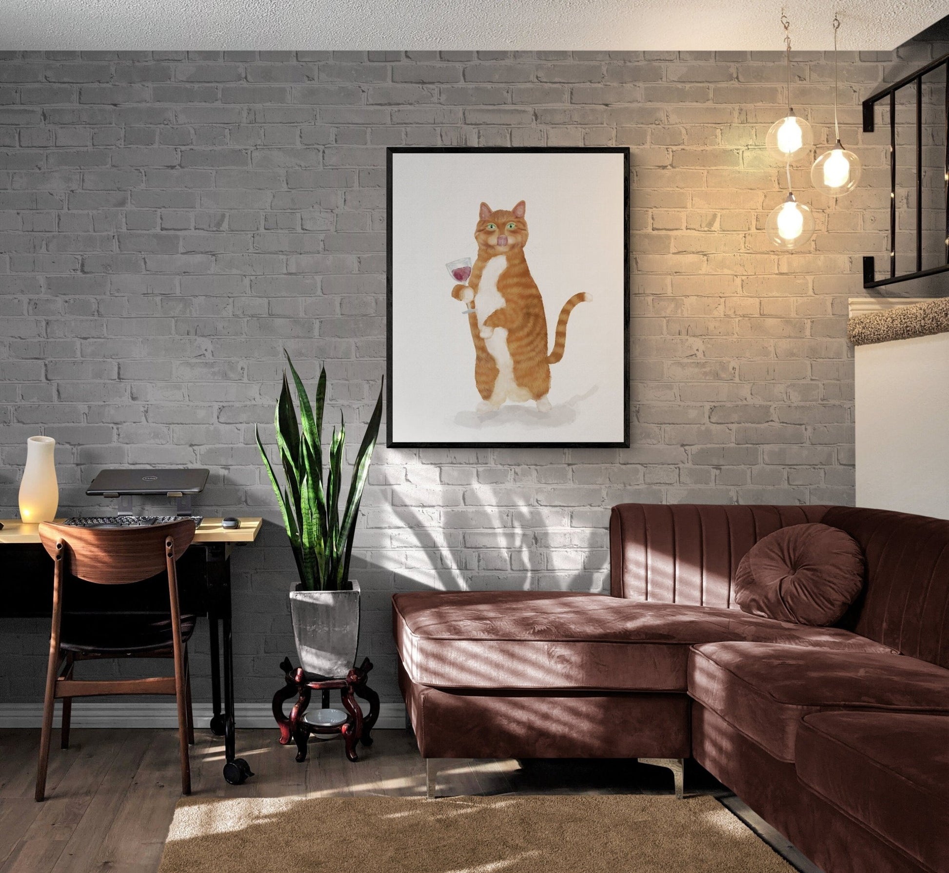 Orange and White Tabby Cat With Wine Art Print - MerikaArt