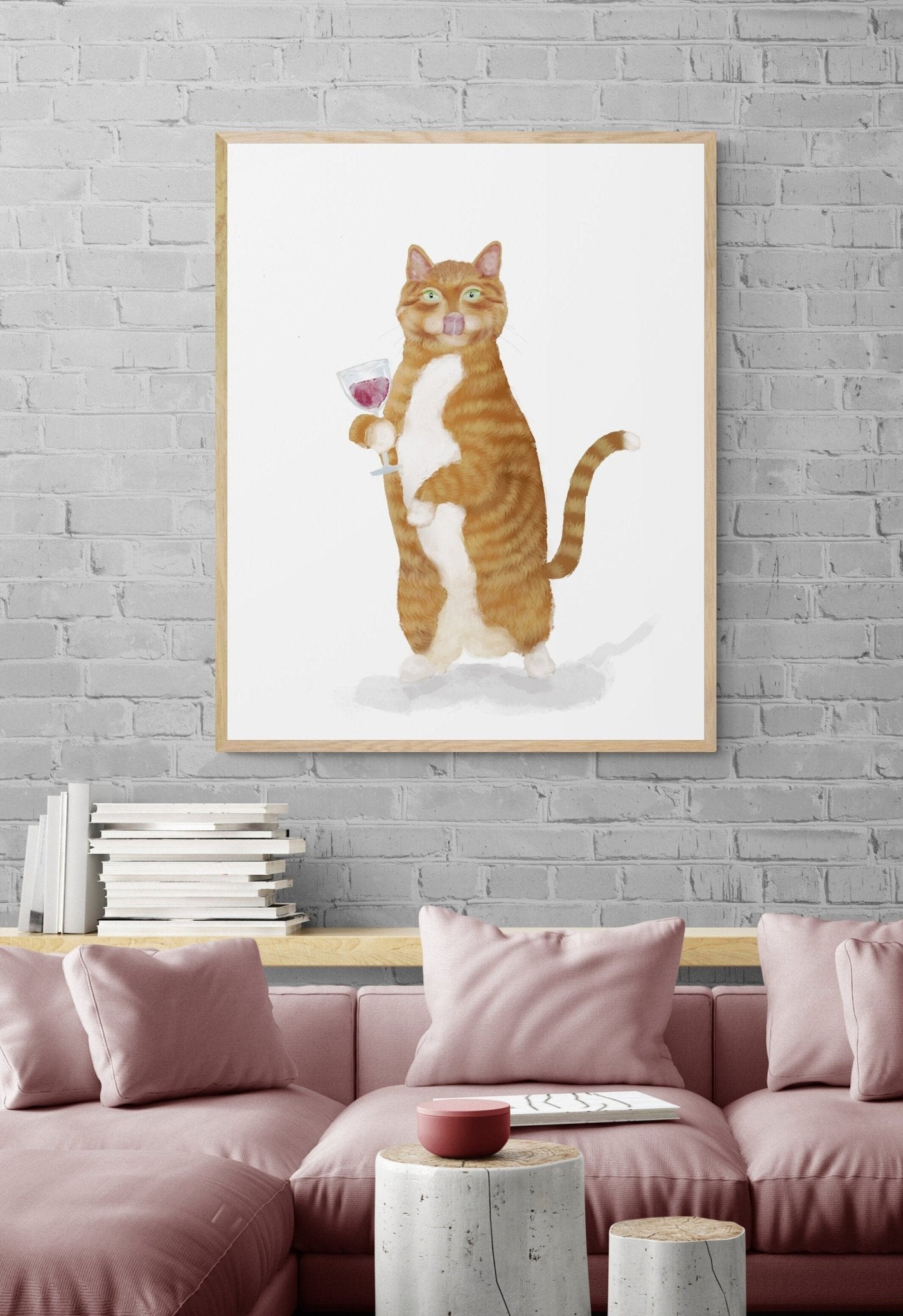 Orange and White Tabby Cat With Wine Art Print - MerikaArt