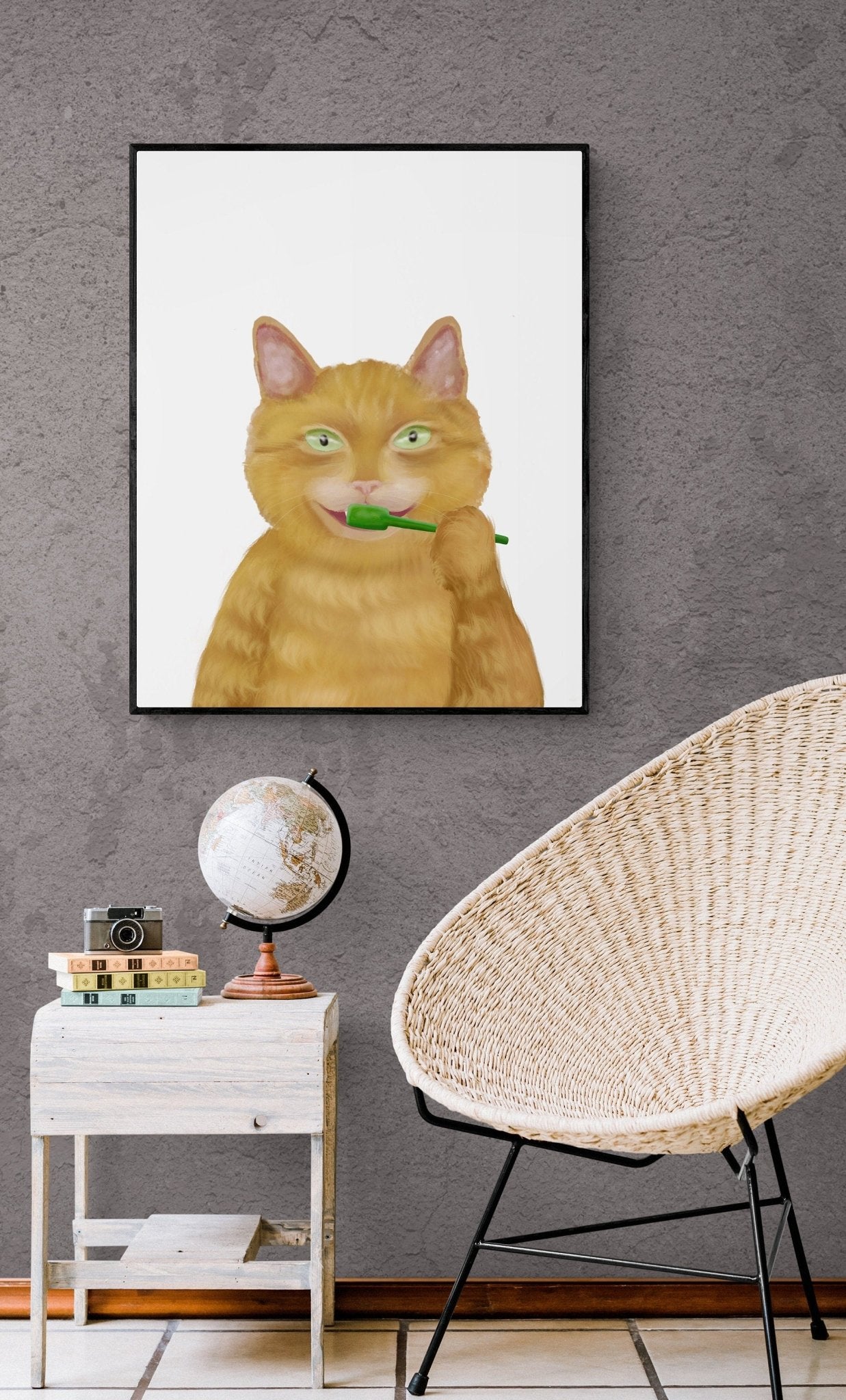 Orange Cat Brushing Teeth Print - MerikaArt