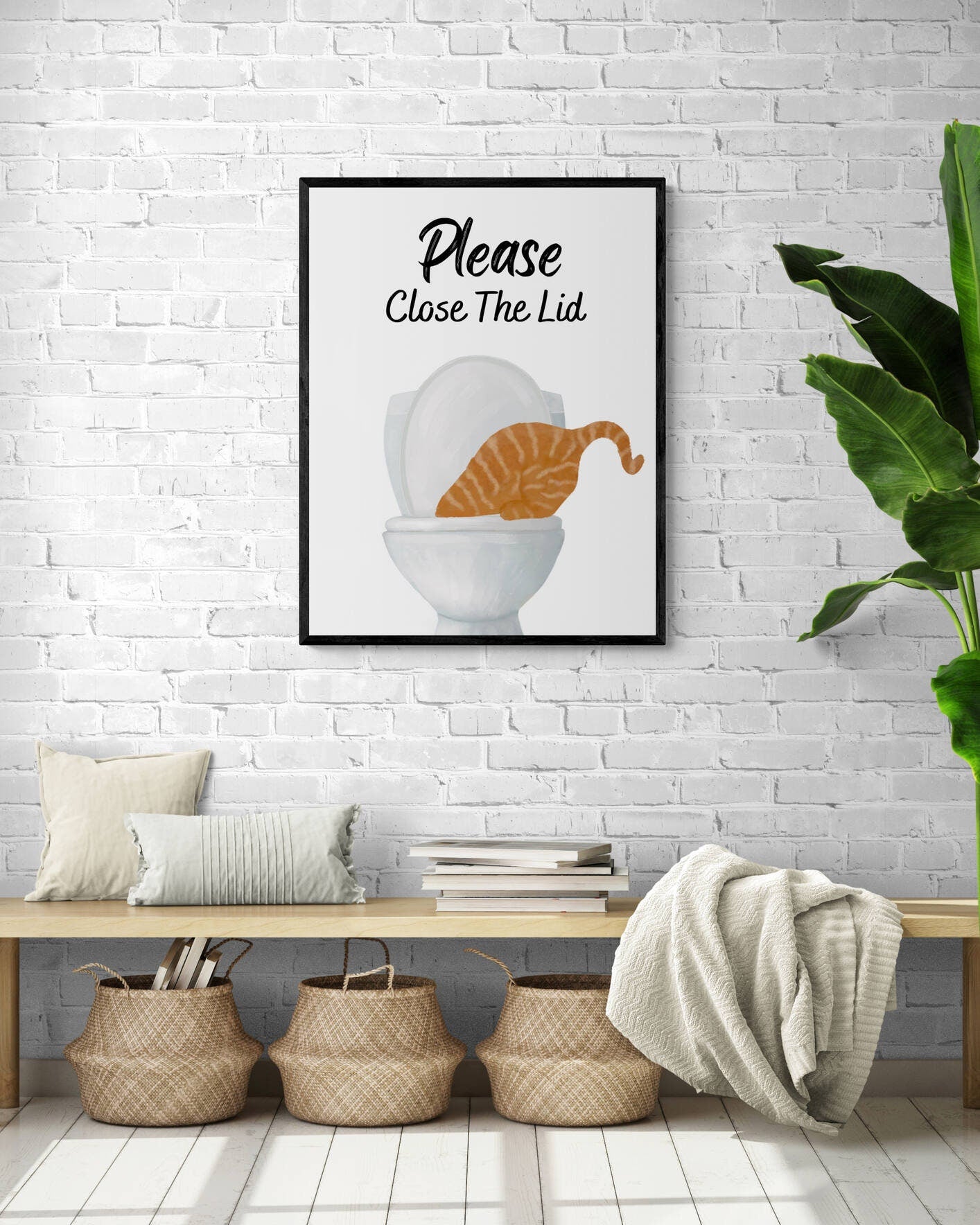 Orange Cat Drinking Water From Toilet Sign, Fat Ginger Cat Art, Bathroom Decor, Bathroom Cat Painting, Kitty Licking Water From Toilet Print - MerikaArt