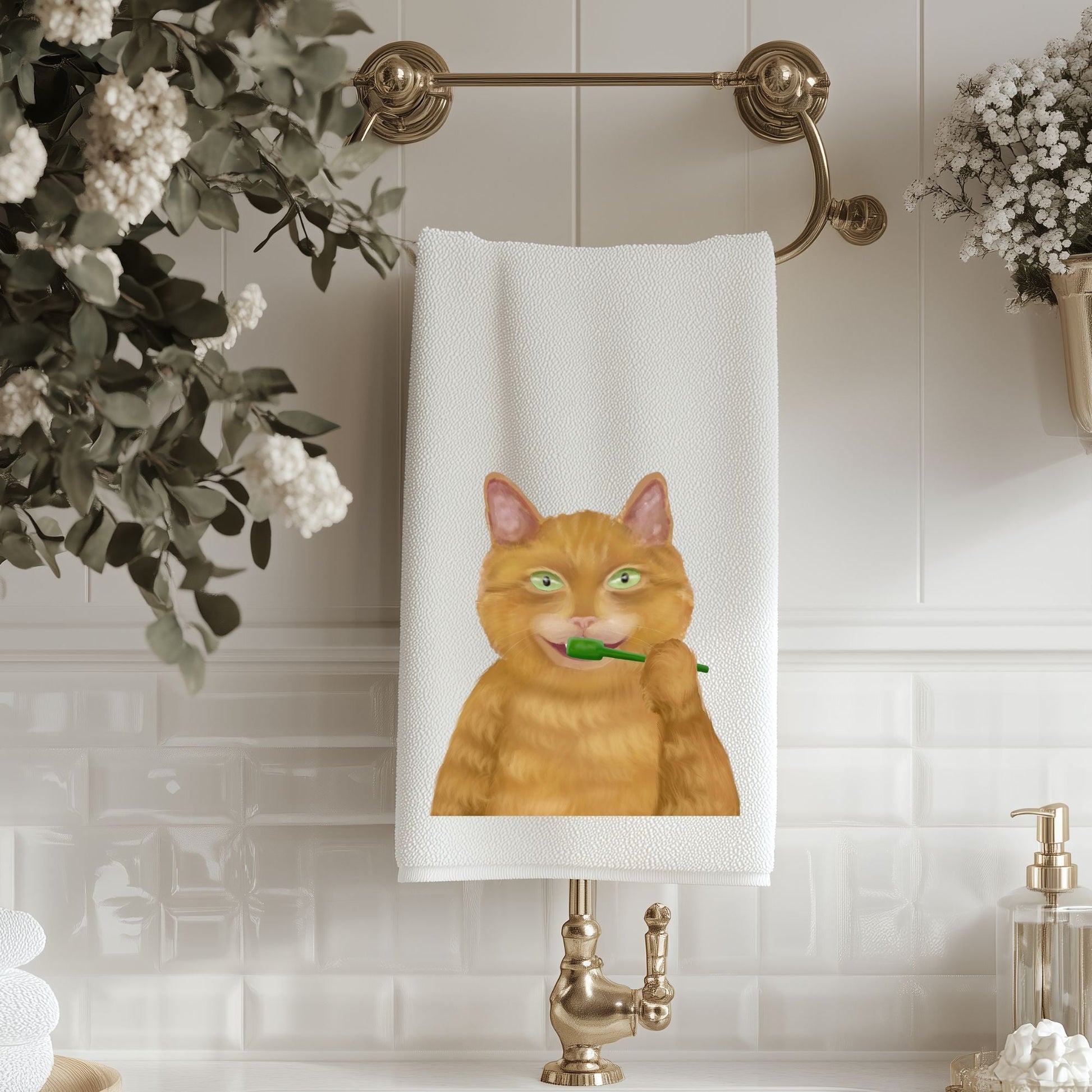 Orange Tabby Brushing Teeth Bathroom Towel - MerikaArt