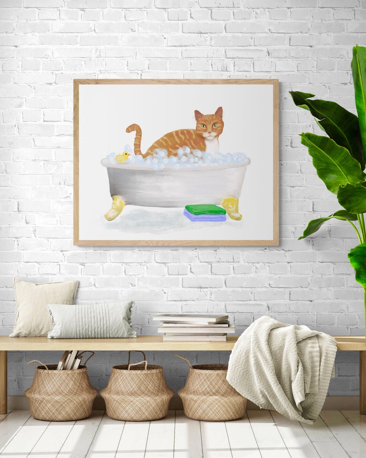Orange Tabby Cat In Bathroom Art, Ginger Cat Bathroom Wall Decor Set, Bath Cat Painting, Cat In Tub Print, Cat Lover Gift, Cat Spa Day - MerikaArt