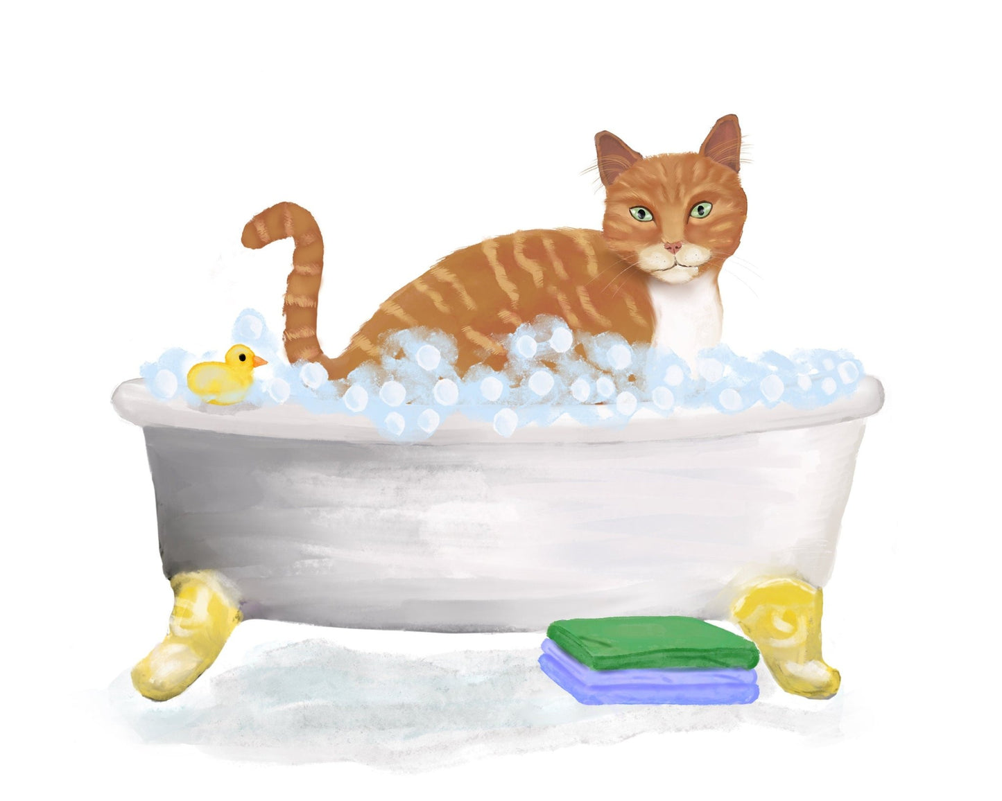 Orange Tabby Cat In Bathroom Art, Ginger Cat Bathroom Wall Decor Set, Bath Cat Painting, Cat In Tub Print, Cat Lover Gift, Cat Spa Day - MerikaArt