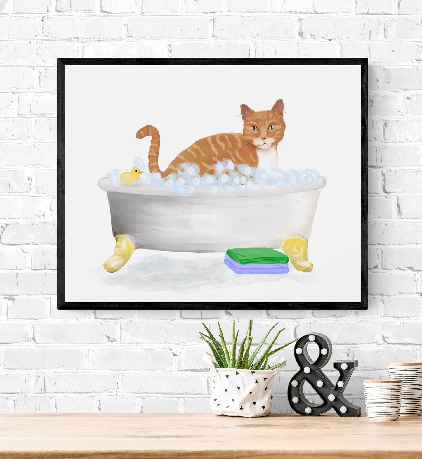 Orange Tabby Cat In Bathroom Art, Ginger Cat Bathroom Wall Decor Set, Bath Cat Painting, Cat In Tub Print, Cat Lover Gift, Cat Spa Day - MerikaArt