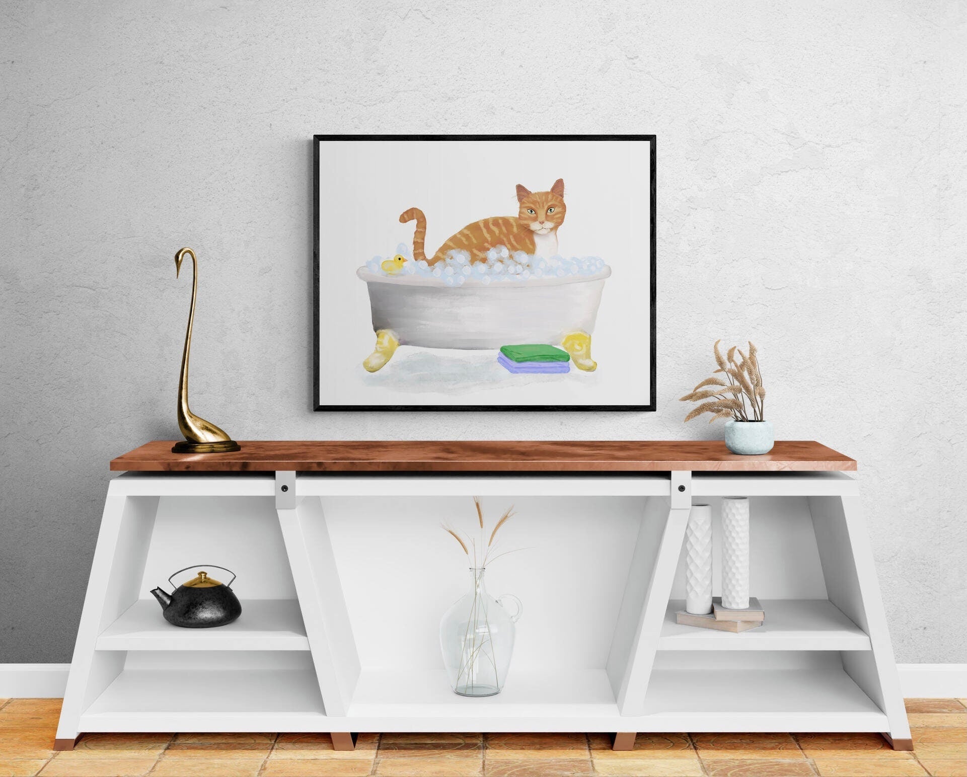 Orange Tabby Cat In Bathroom Art, Ginger Cat Bathroom Wall Decor Set, Bath Cat Painting, Cat In Tub Print, Cat Lover Gift, Cat Spa Day - MerikaArt