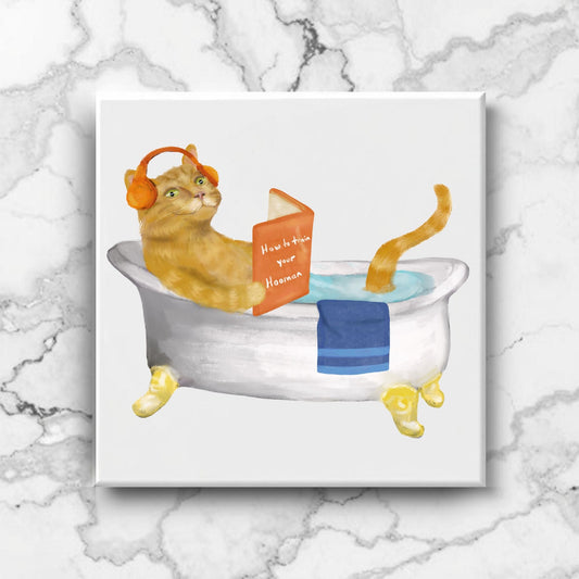 Orange Tabby Cat in Bathtub Ceramic Tile – Handcrafted Whimsical Pet Art Decor - MerikaArt
