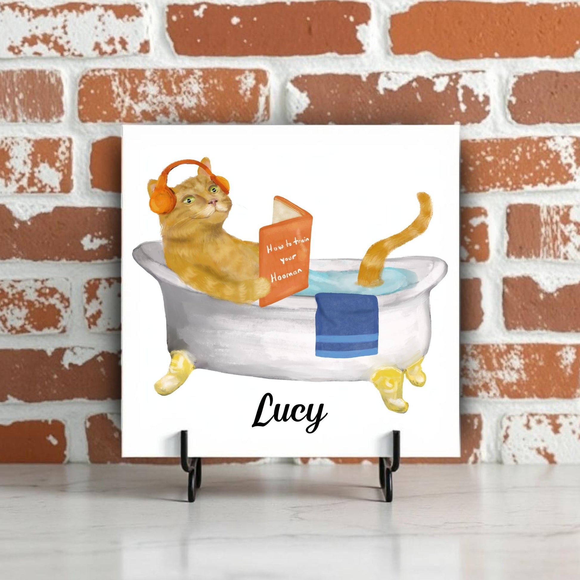 Orange Tabby Cat in Bathtub Ceramic Tile – Handcrafted Whimsical Pet Art Decor - MerikaArt
