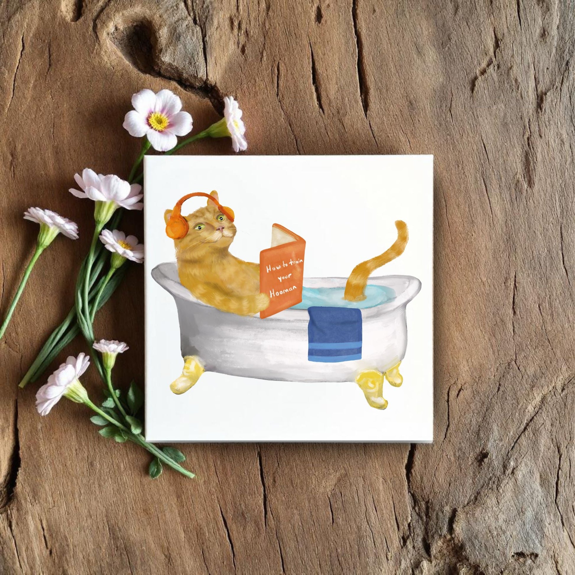 Orange Tabby Cat in Bathtub Ceramic Tile – Handcrafted Whimsical Pet Art Decor - MerikaArt