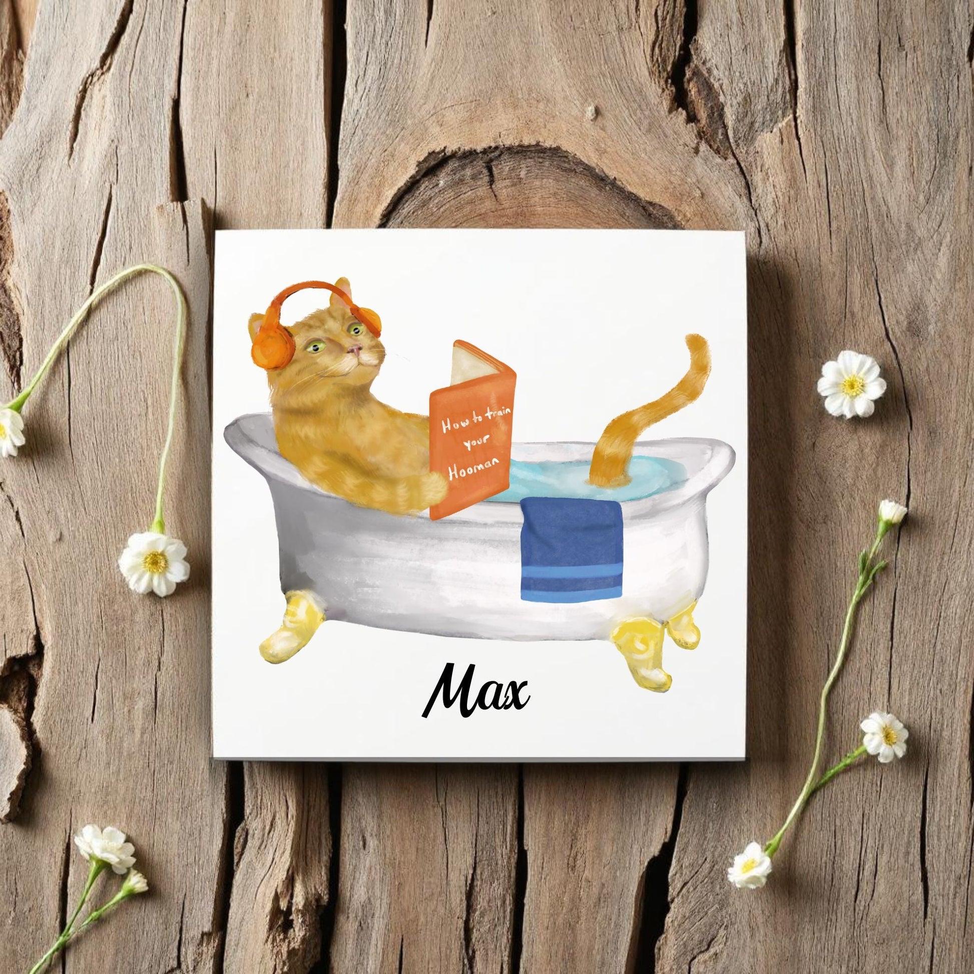 Orange Tabby Cat in Bathtub Ceramic Tile – Handcrafted Whimsical Pet Art Decor - MerikaArt