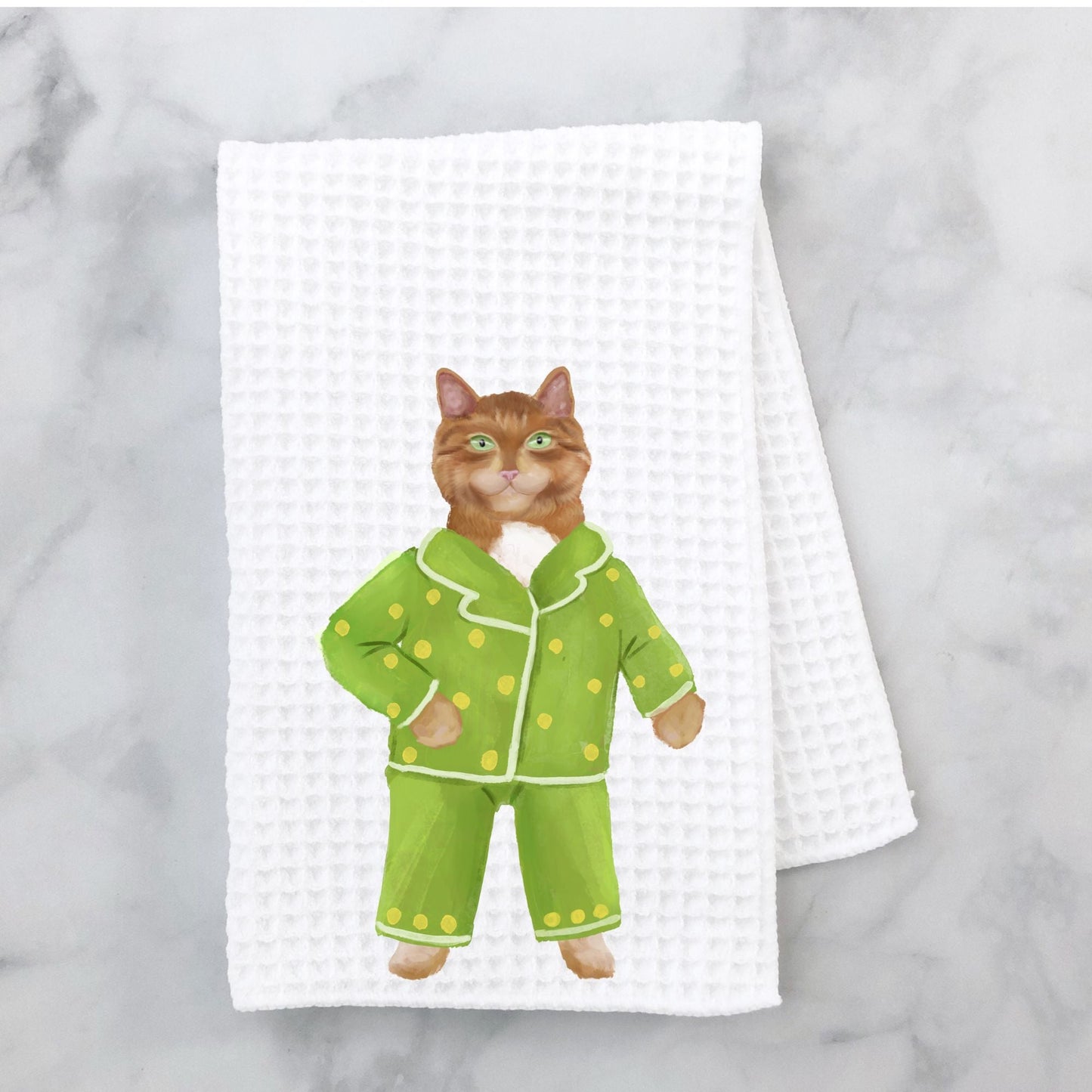 Orange Tabby Cat in Pajamas Kitchen Towel - MerikaArt
