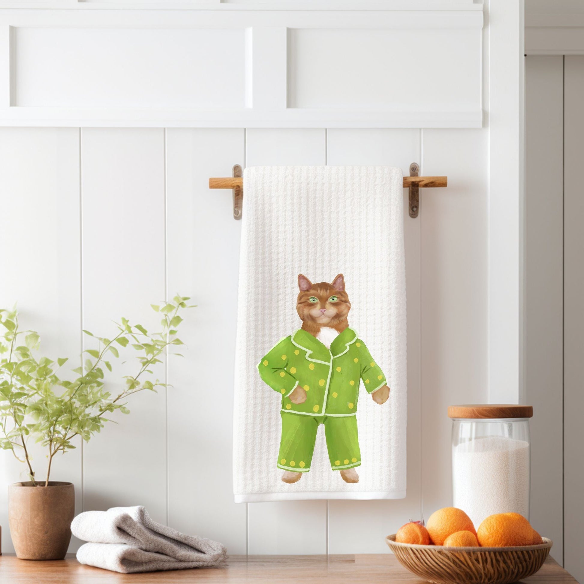 Orange Tabby Cat in Pajamas Kitchen Towel - MerikaArt