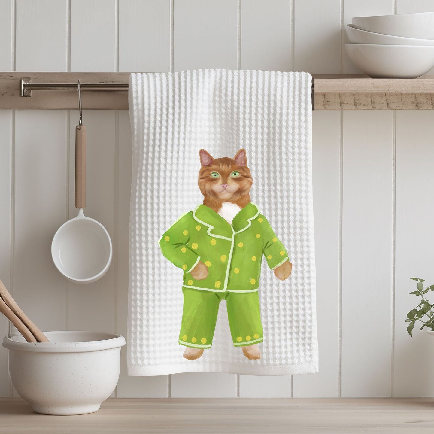 Orange Tabby Cat in Pajamas Kitchen Towel - MerikaArt